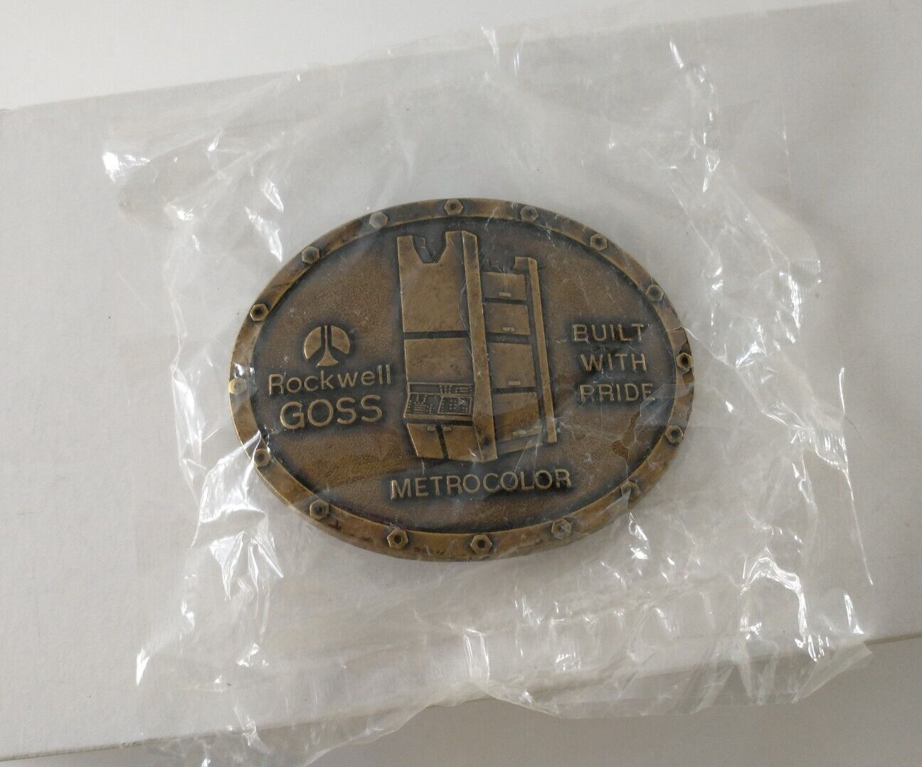 Vintage 1980s ROCKWELL GOSS Metrocolor Printing Press BRASS BELT BUCKLE New!