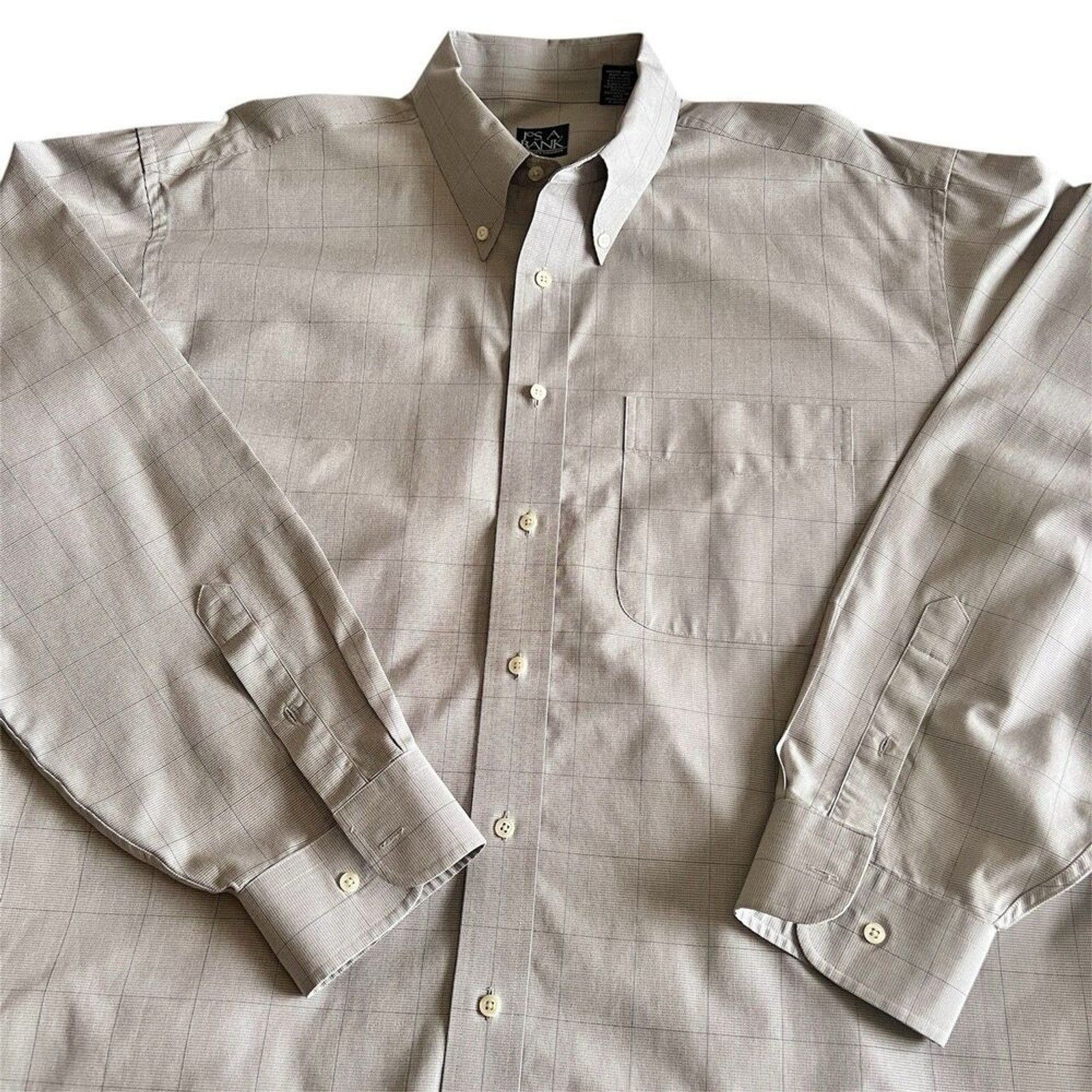 Jos A Bank Traveler Shirt Sz XL Tan Check Long Sleeve Button Down Collar Cotton