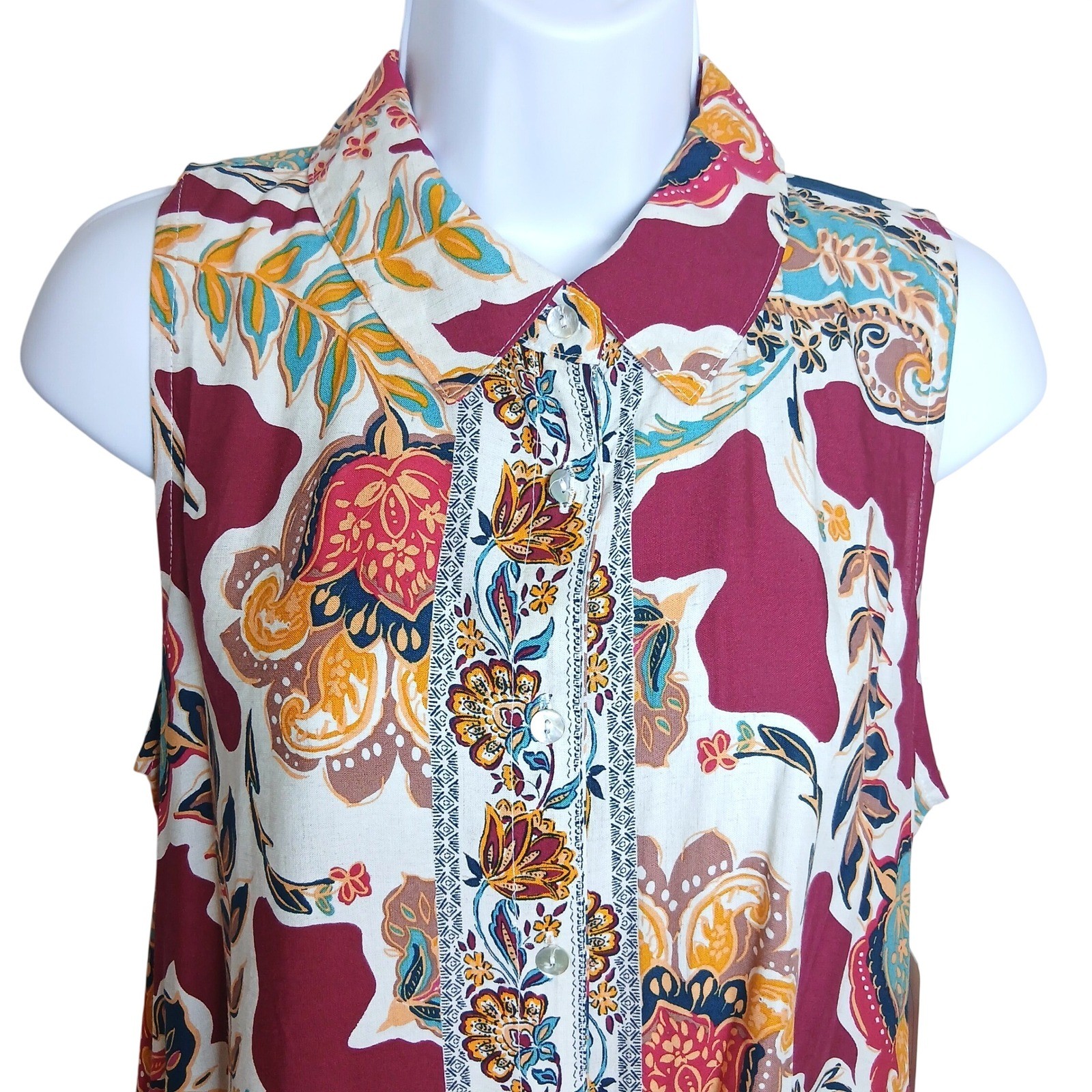 NEW Fig+Flower M Boho Artsy Floral Rayon Sleeveless Pockets Button Shirt Dress