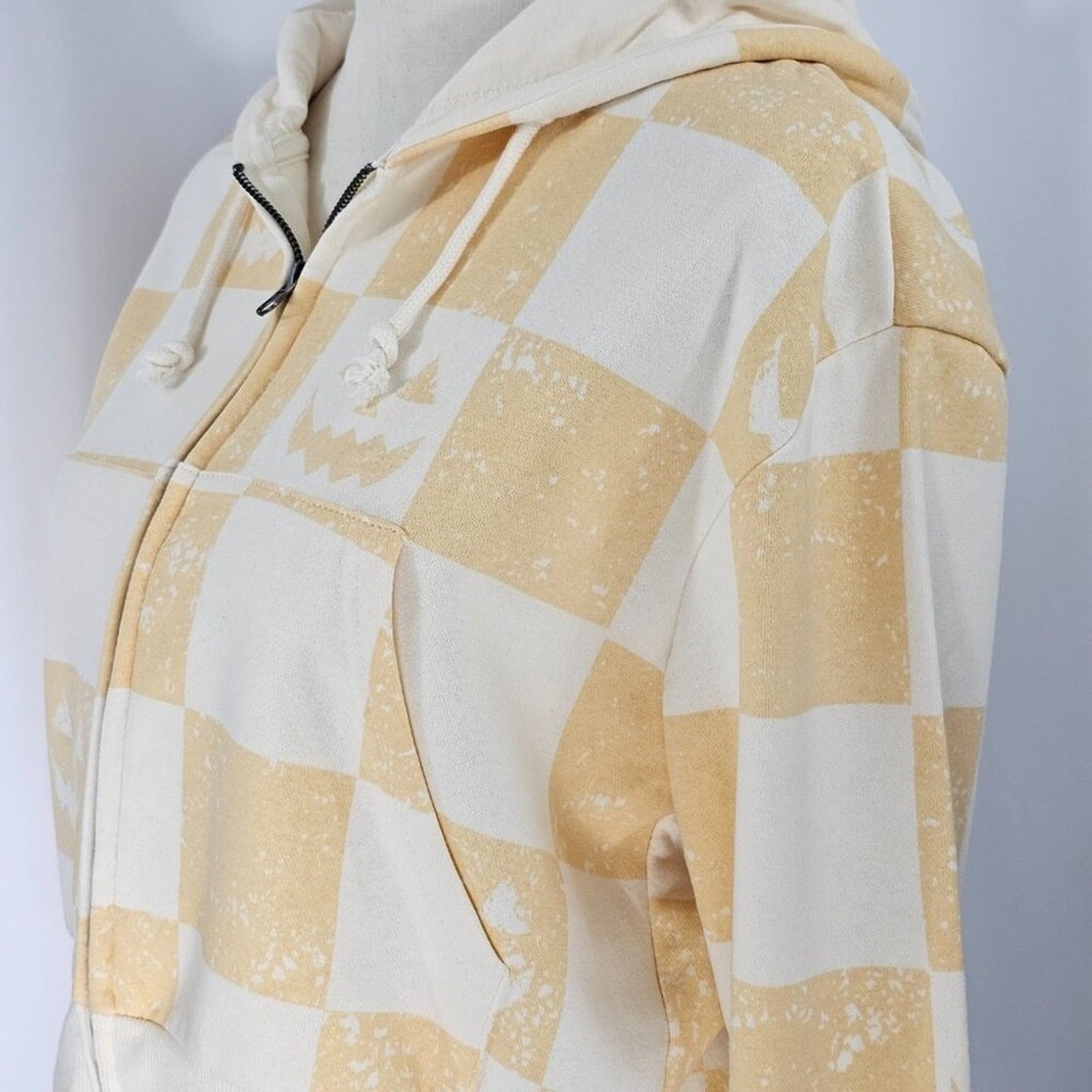 Mighty Fine Cream Checkered Pumpkin Face Print Cropped Hoodie Women’s S NWOT