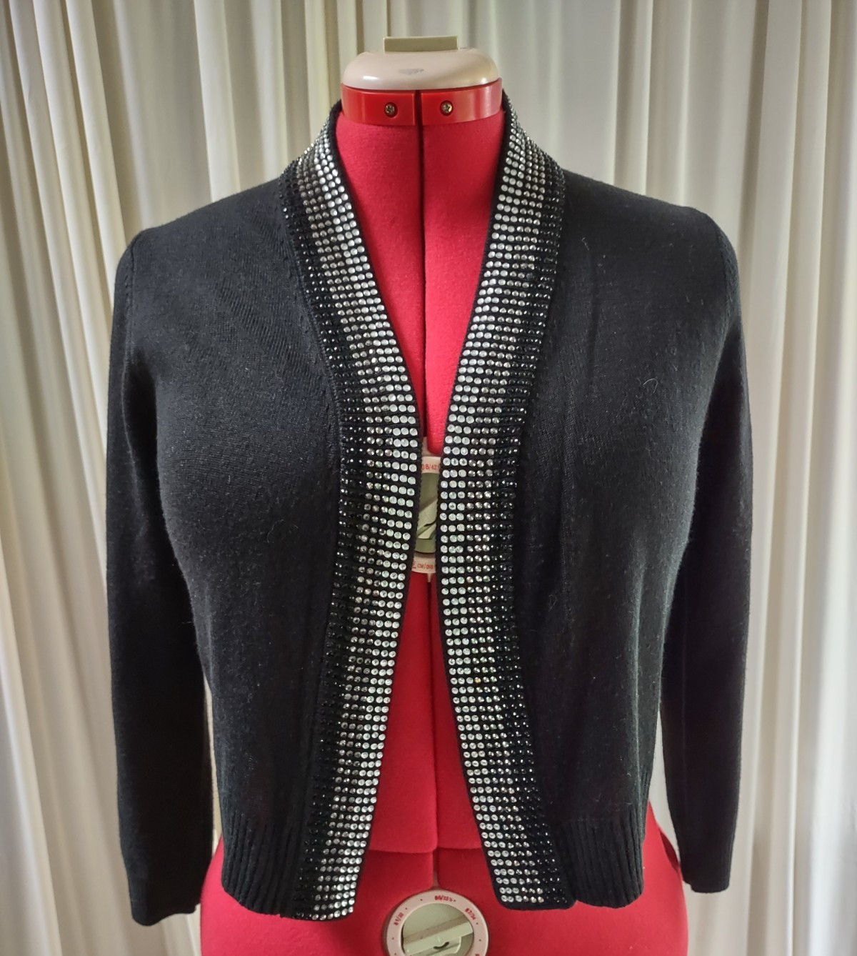 Calvin Klein Black Cropped Cardigan Rhinestone Trim Open Front; Size Petite