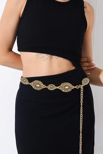 Western-Concho-Belt Length 51.1″ (29.5″+extended chain 21.6″) Black Golden