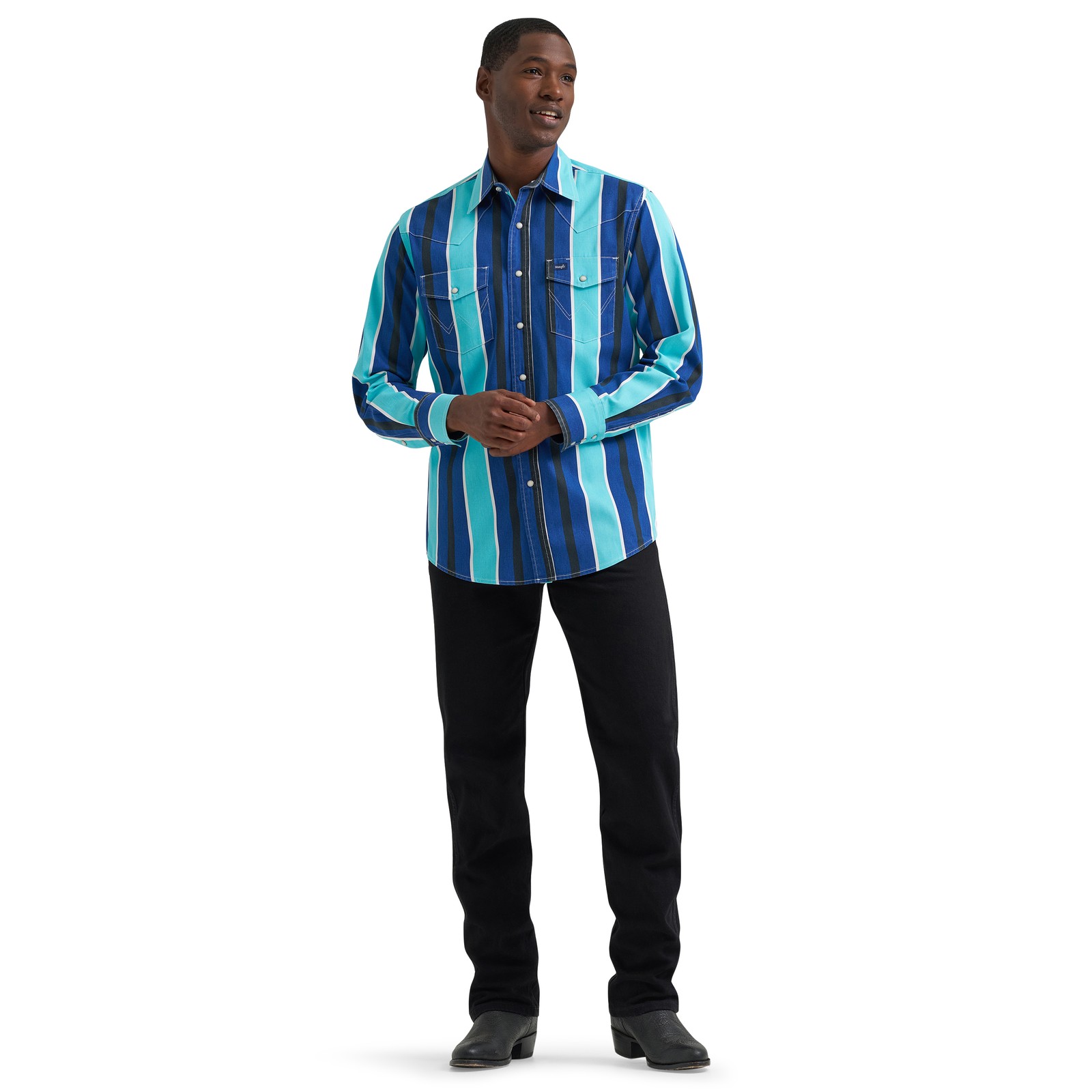 Wrangler Men’s Vintage Inspired Blue Multi Stripe Snap Shirt 112379229