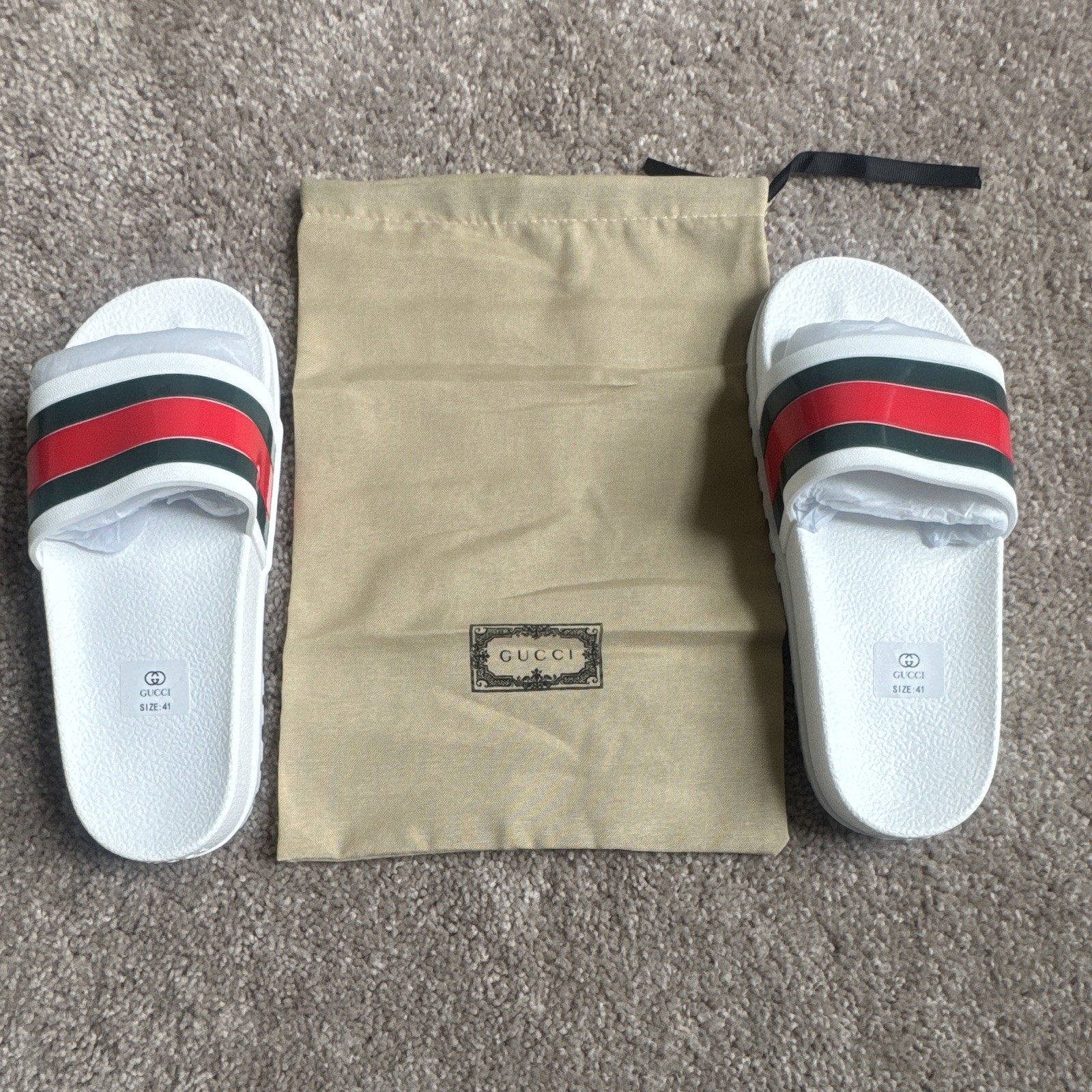 Gucci Logo Web Stripe Rubber Slide Sandals White/Red/Green Men’s US 8 EU41
