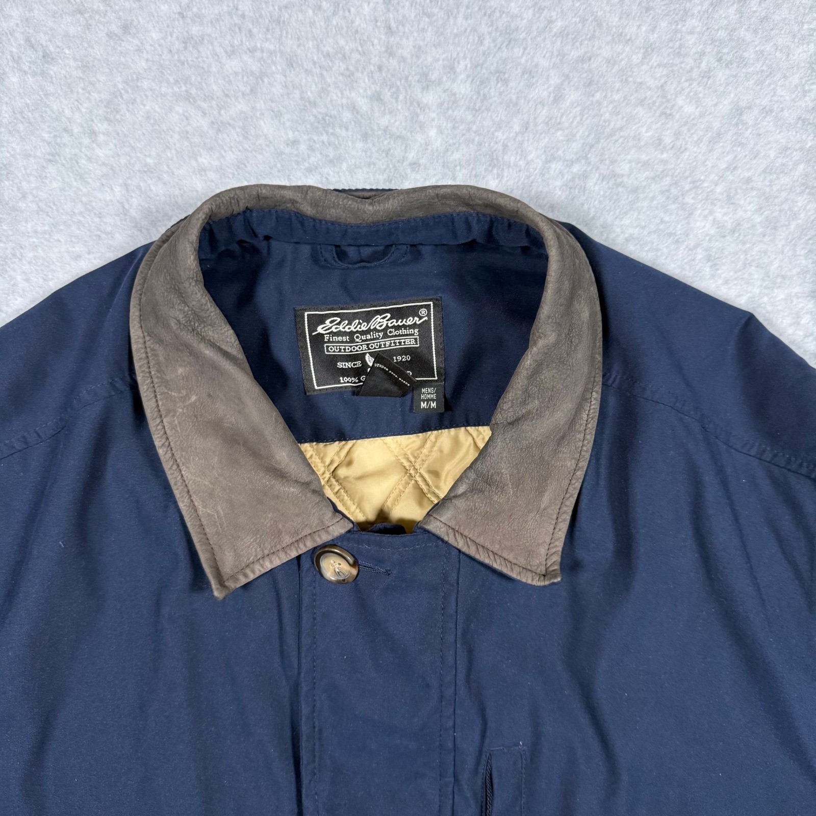 Eddie Bauer Mens Navy Blue Quilted Lined Chore Jacket Leather Collar Medium Y2k