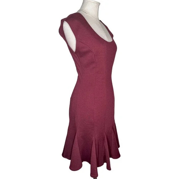 CATHERINE MALANDRINO Peplum Flutter Hem A-Line Dress Maroon Scoop Neck 4