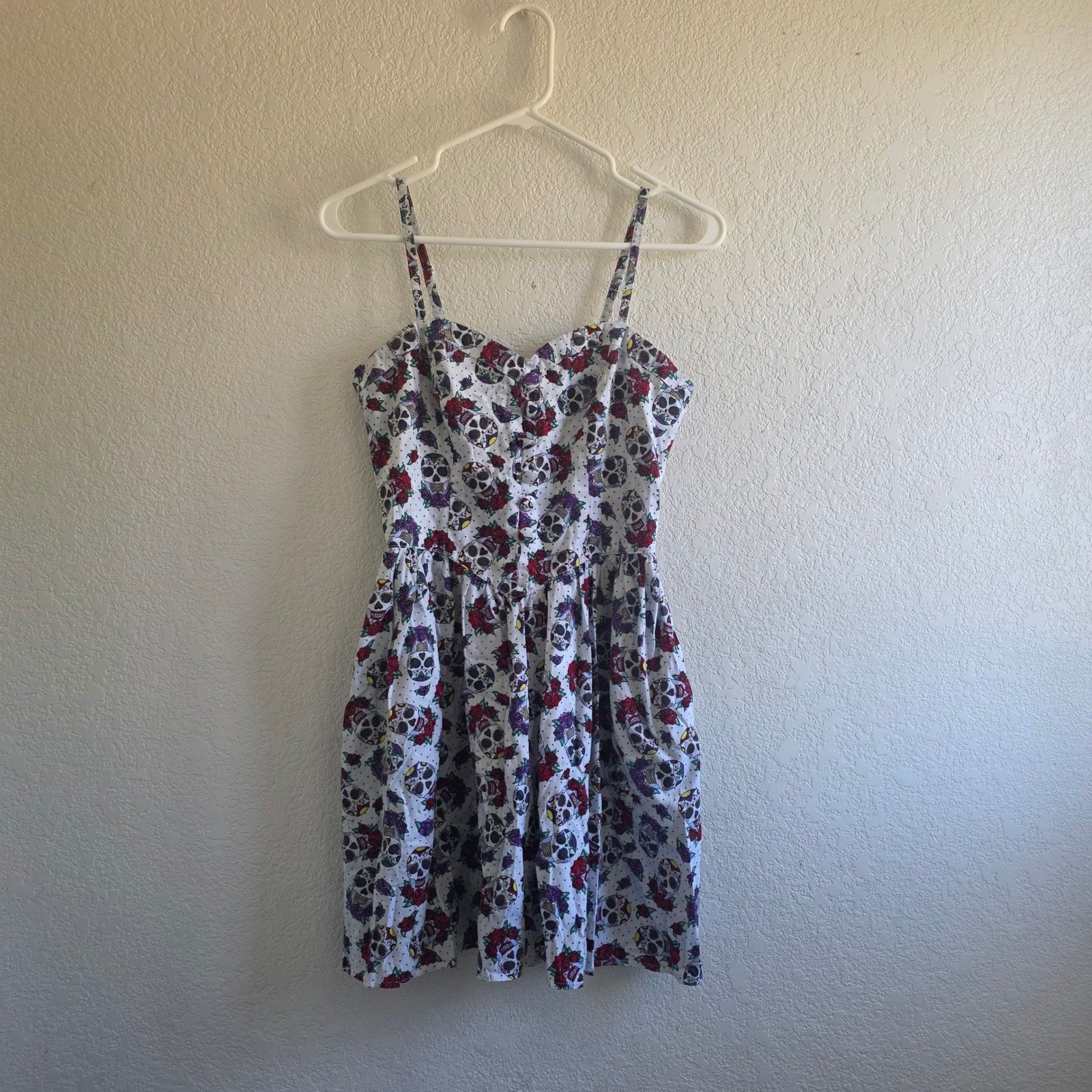 Hell Bunny Sugar Skull Rose Polka Dot Rockabilly Mini Dress White Small SM