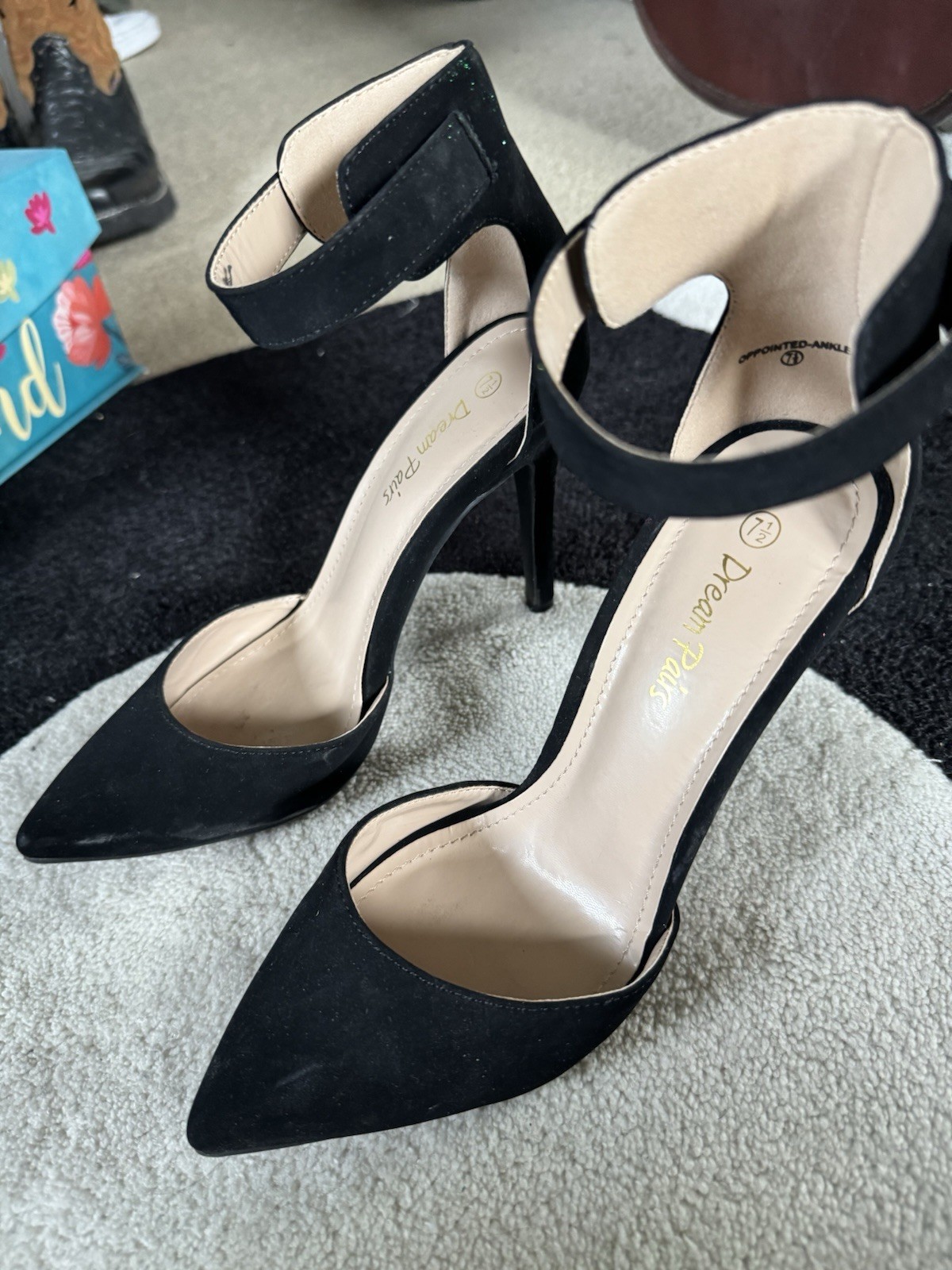 Dream Pairs Women’s Black Suede Pointed Toe Ankle Strap Stiletto Heels 7.5