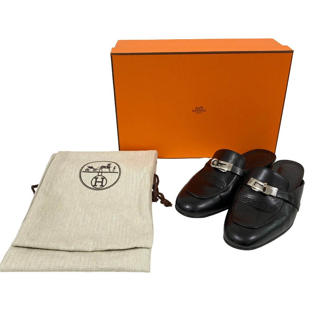 HERMES Oz Kelly Mule Sandals, Size 36 1/2 (Approx. 9.3 inches), Black Women USED