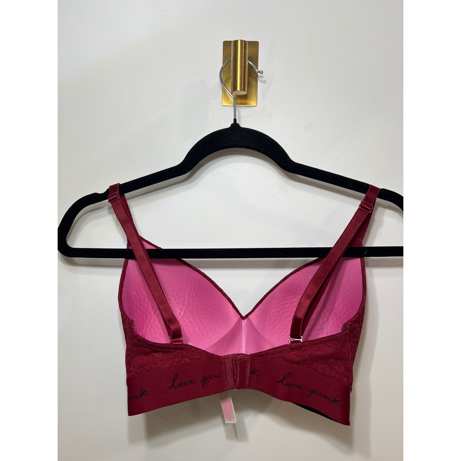 PINK Victoria’s Secret Wireless Bra Leopard Lace Burgundy 32DD Padded Logo Band