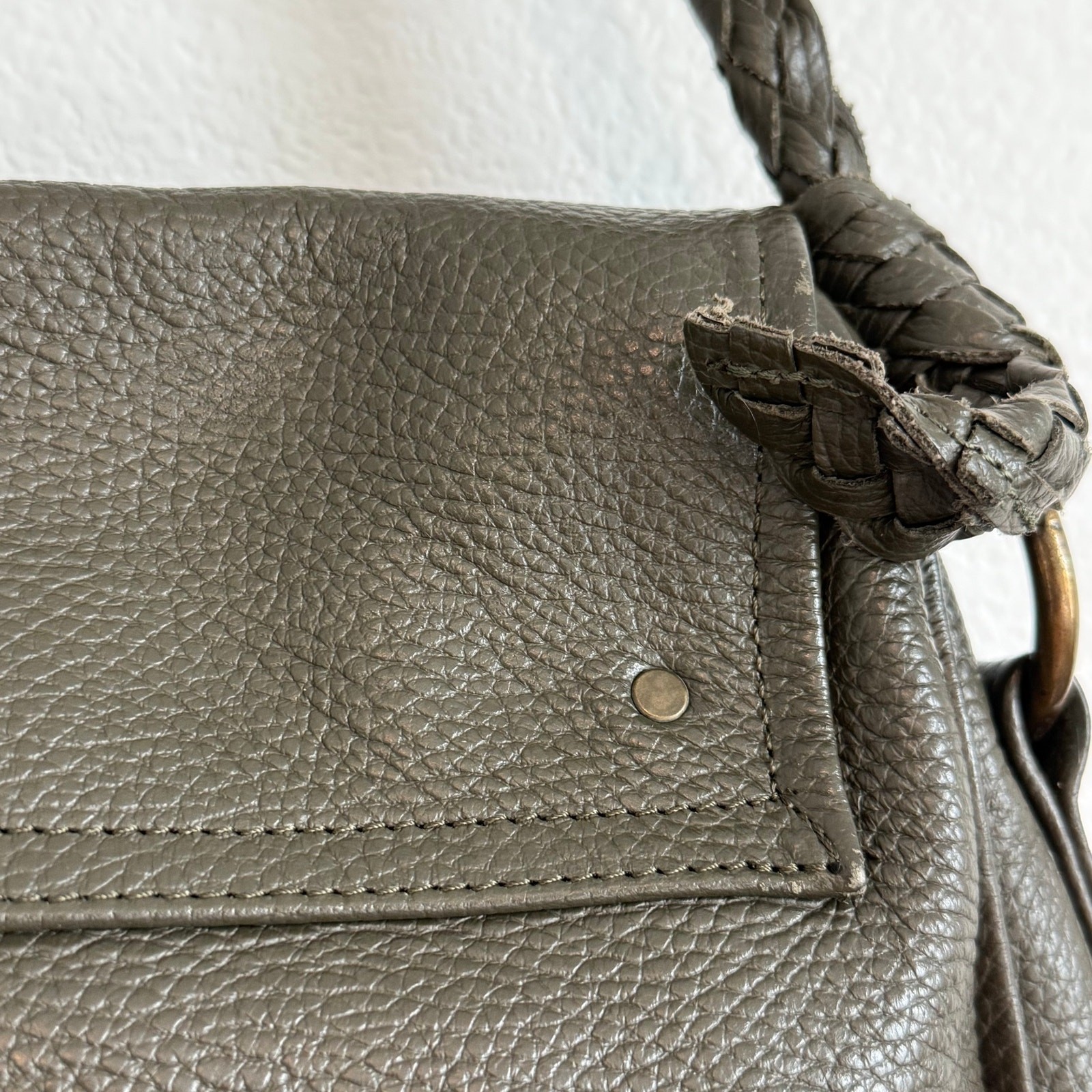 Falor Pebbled Leather Shoulder Bag Artisanal Green Boho Braided Strap Made Italy