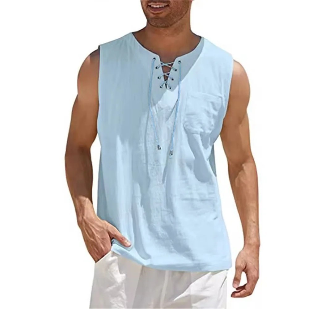 Men’s Cotton Linen Sleeveless Vest, Lace Up V Neck Tank Top, Casual Loose Shirt.