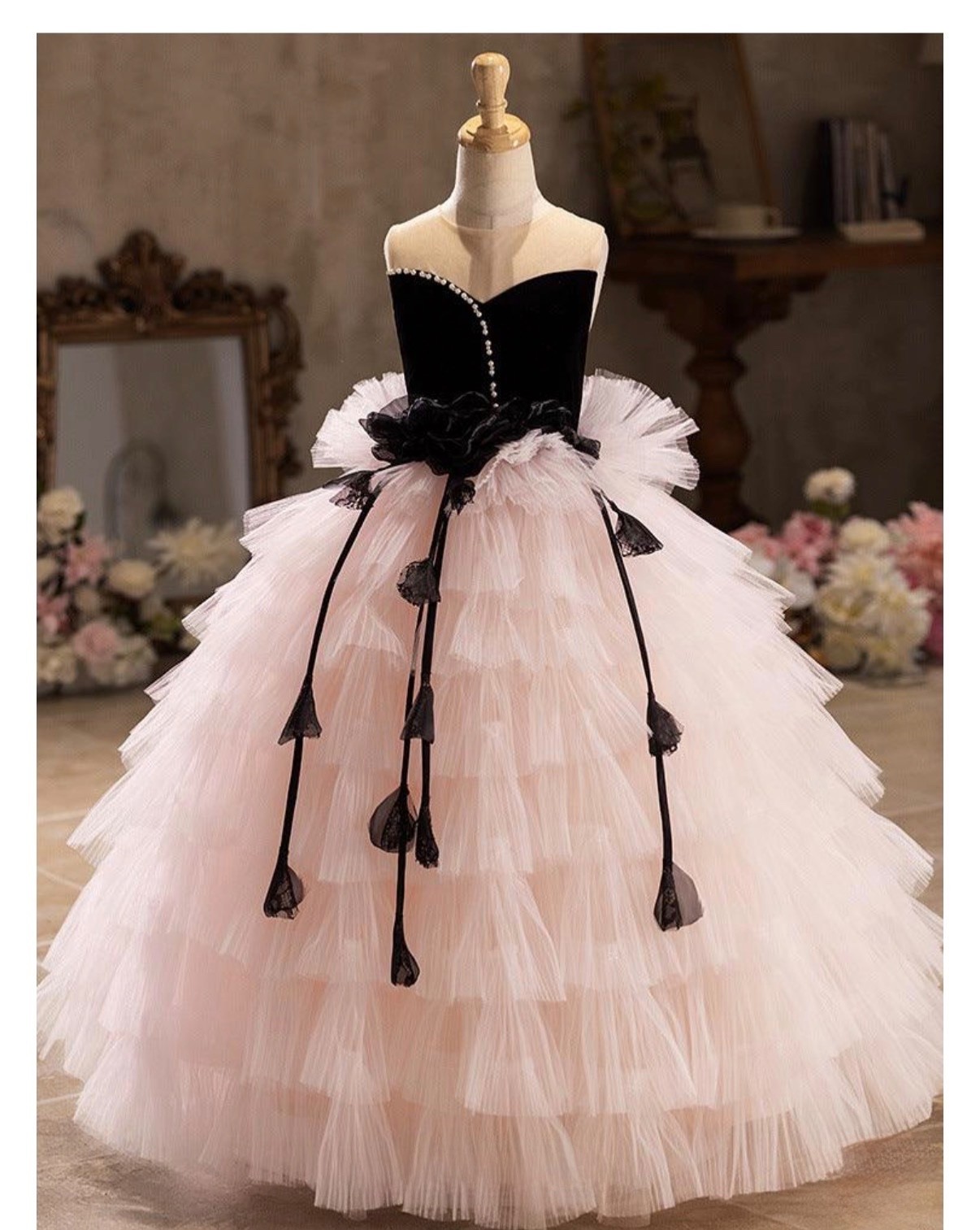 Girls Black Velvet and Blush Pink Tulle Pageant Gown Size 6