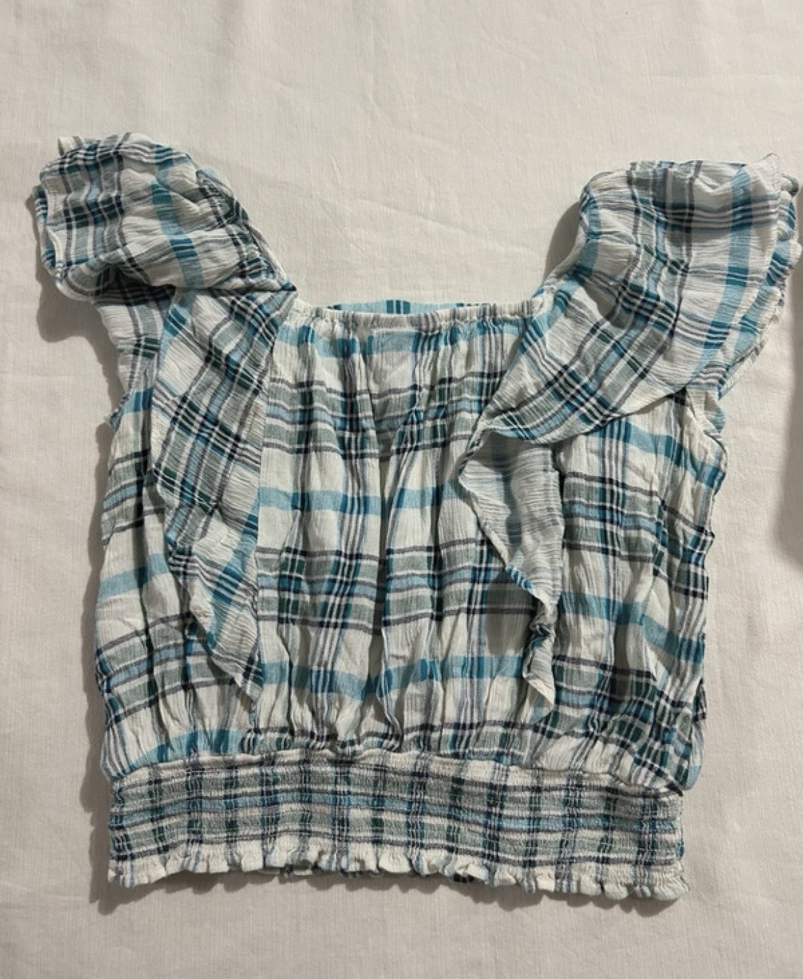 a.n.a Blue White Plaid Smocked Square Neck Puff Sleeve Cropped Blouse XS