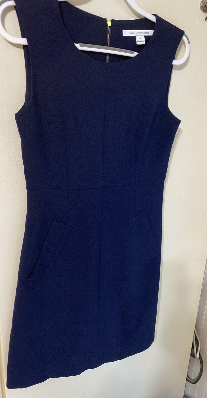 Diane Von Furstenburg Capreena Shift Dress Size 6 Navy Blue Pockets Sleeveless