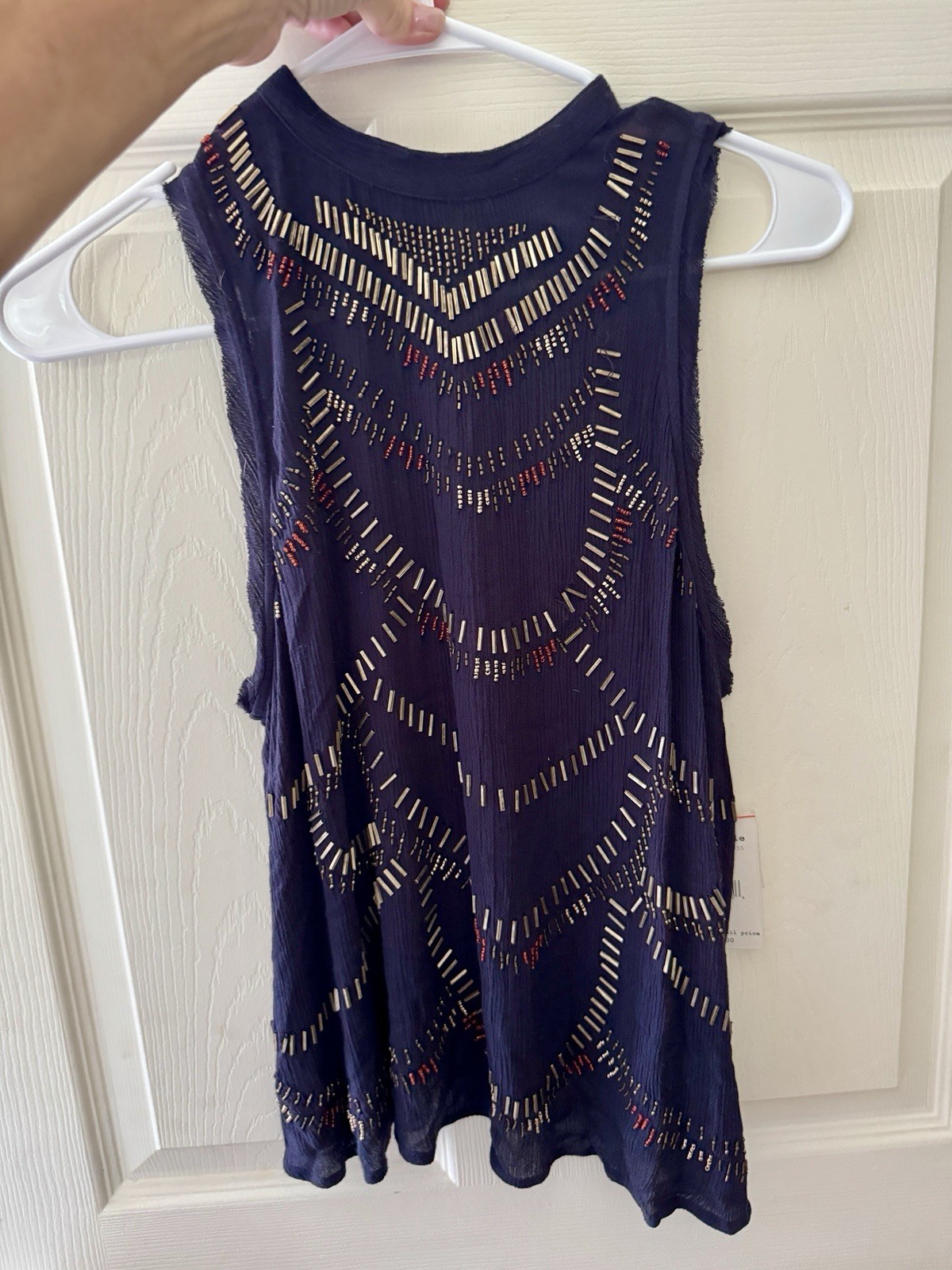 Free People Beaded Embellished Navy Sleeveless Tunic Top XS NWT $128 Boho