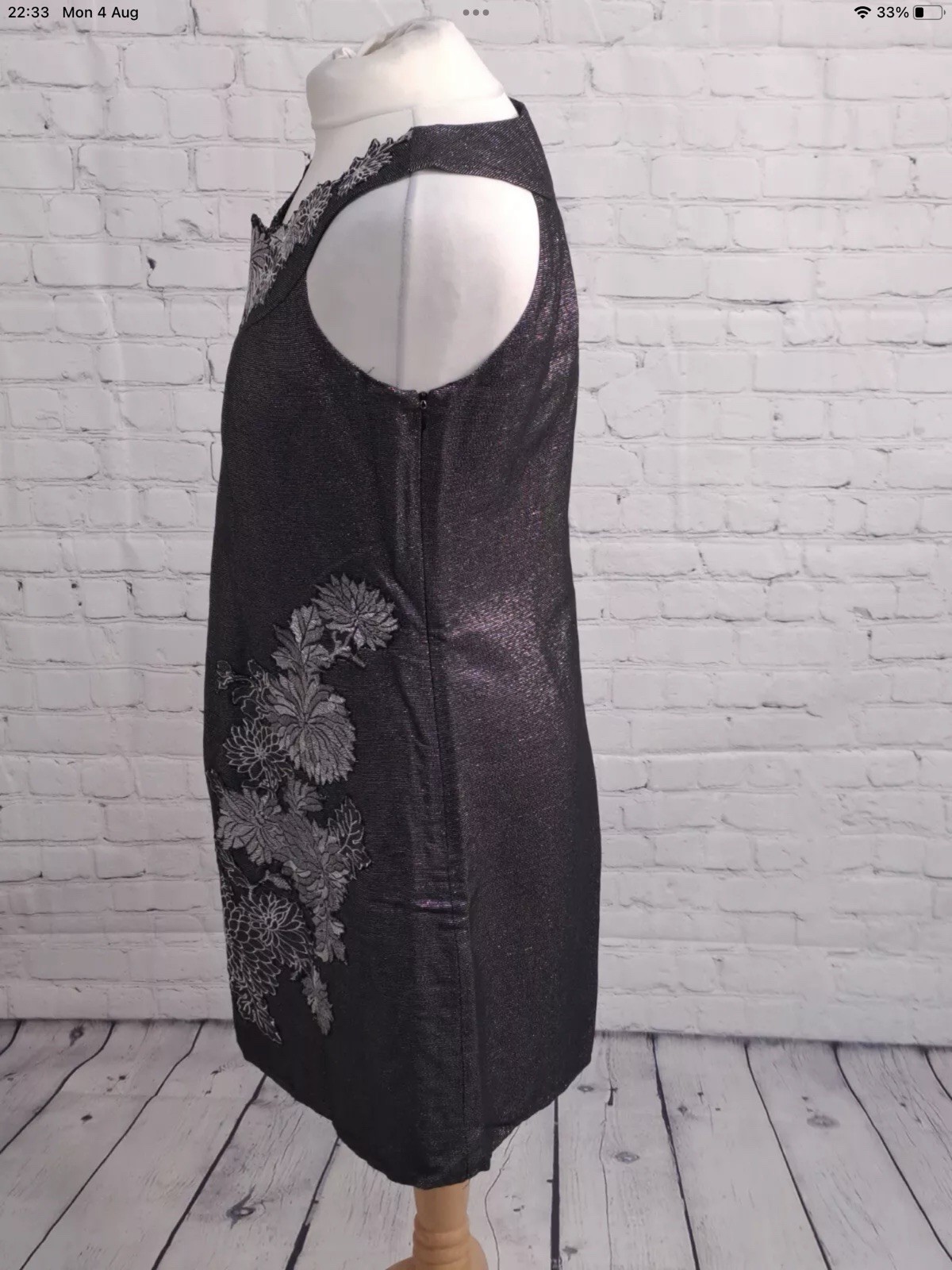 Warehouse Spotlight Dress Women’s Size 10 Black Silver Embroidered Lined