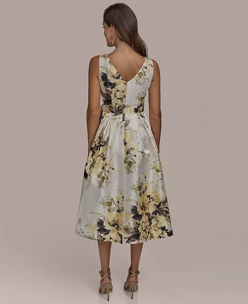 Donna Karan New York Floral Midi Dress Size 6 Ivory Satin Fit Flare NWT Pockets