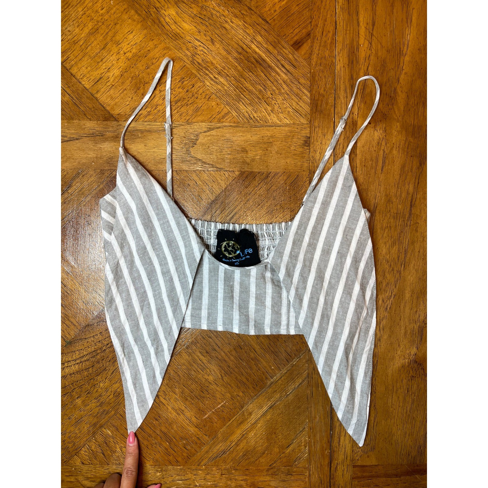 Blue Life Mila Tie Front Top Grey White Stripe Linen Cotton XS