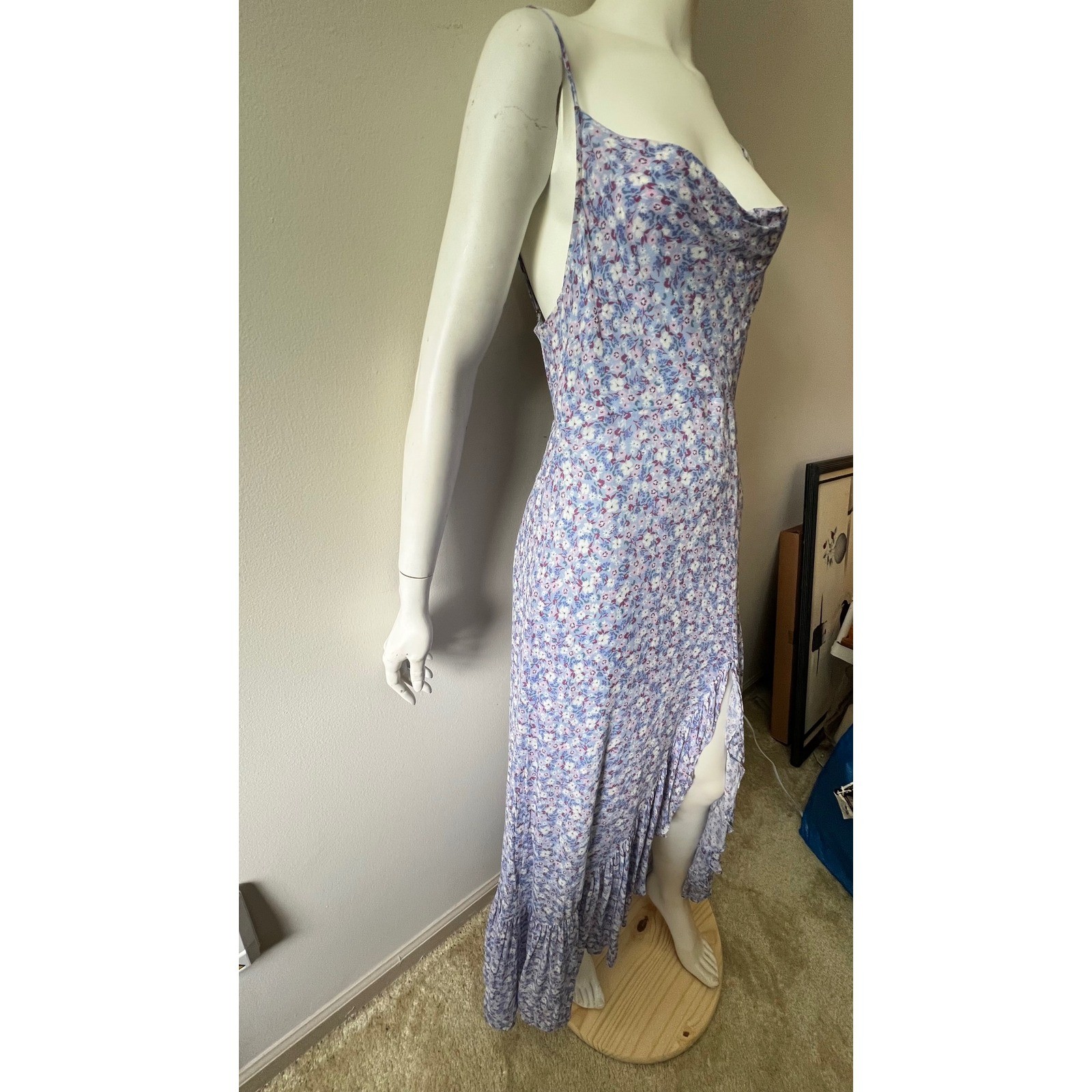 Yumi Kim Lavender Floral Cowl Neck Maxi Dress Ruffle Slit Boho fairy core