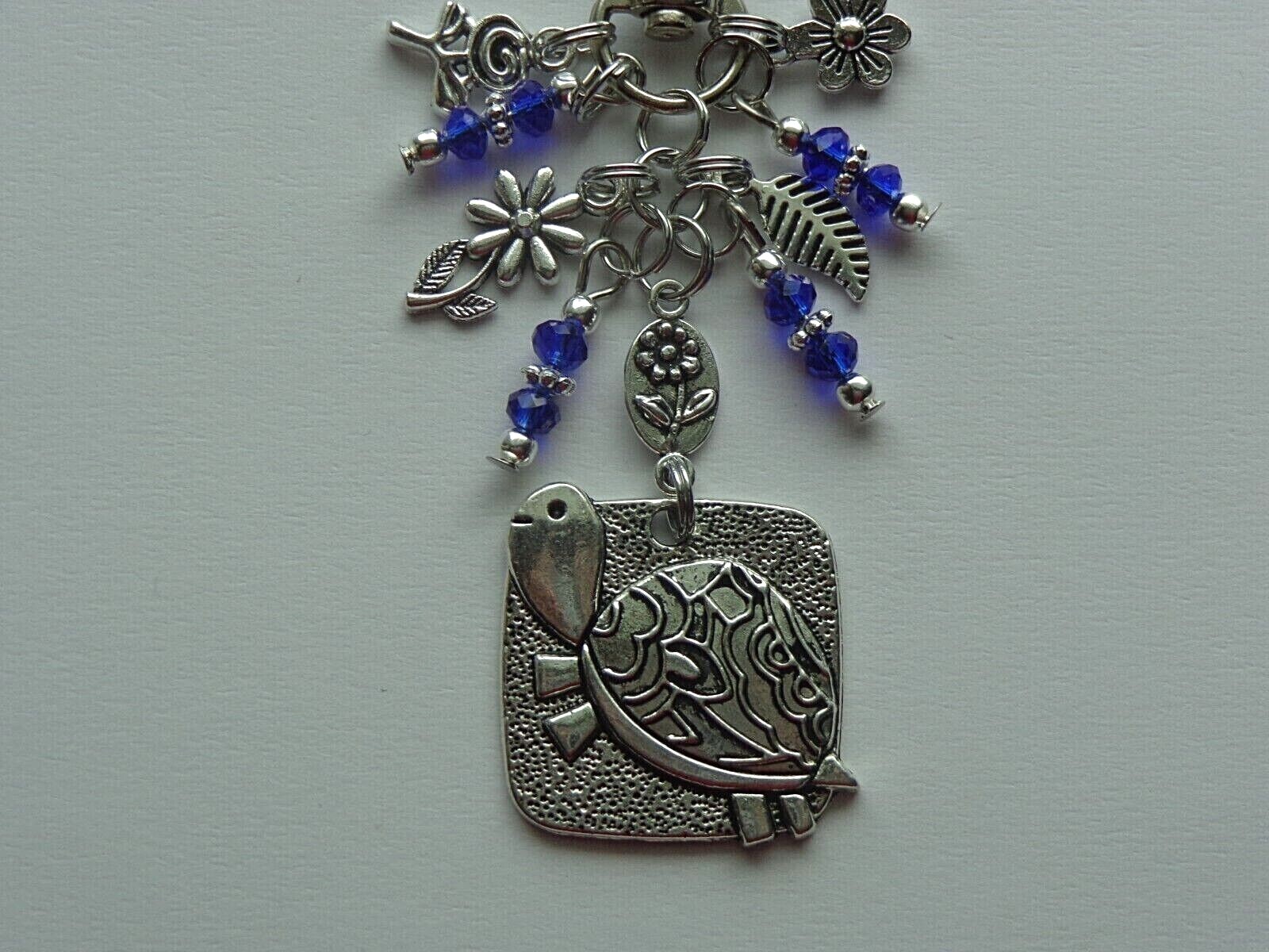 TURTLE FLOWERS BLUE CRYSTAL BEADS KEY CHAIN PURSE CLIP BAG CHARM FOB DANGLE