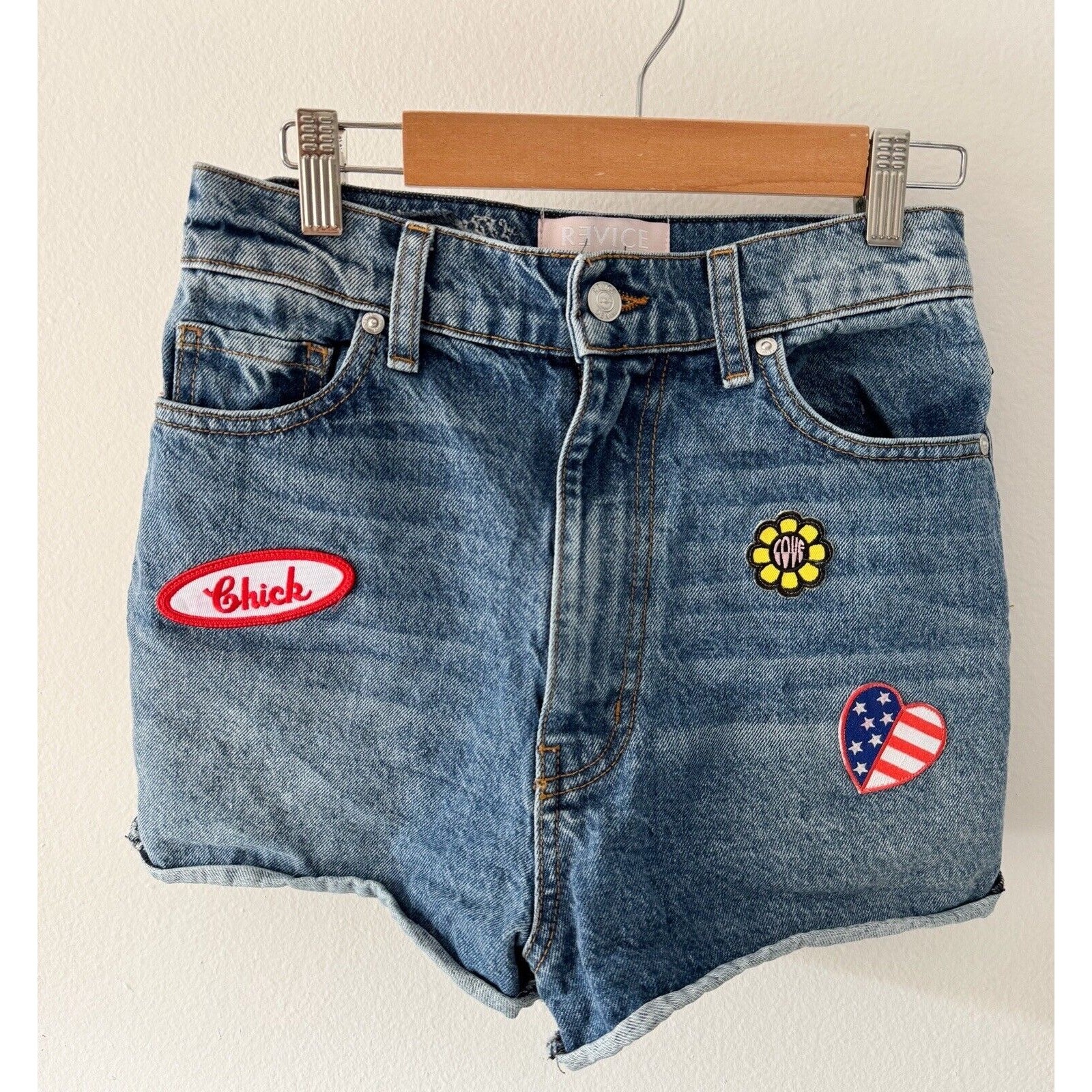 Revice Denim Patch Work High Rise Jean Shorts Women’s 26 Stone Washed Blue