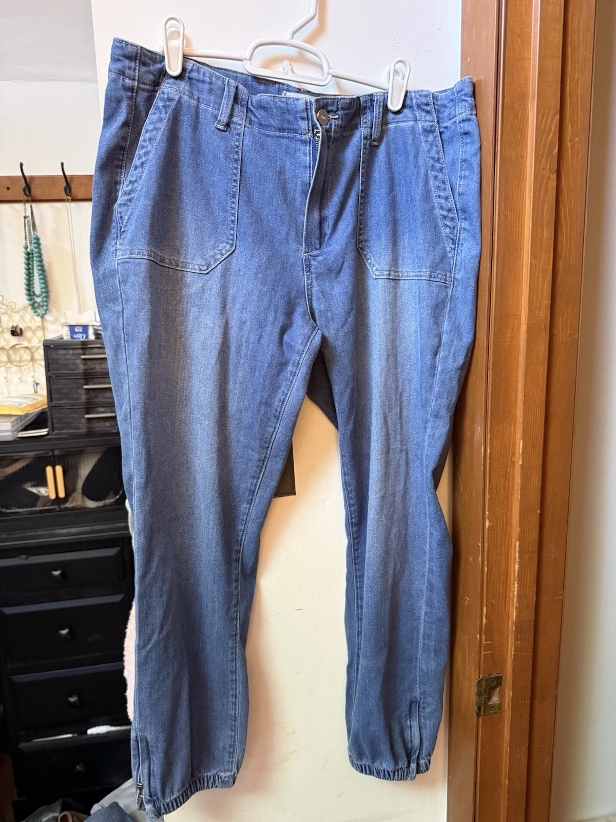 Paige Women’s Mayslie Blue Denim Jogger Jeans Cargo Pocket Stretch Sz 31
