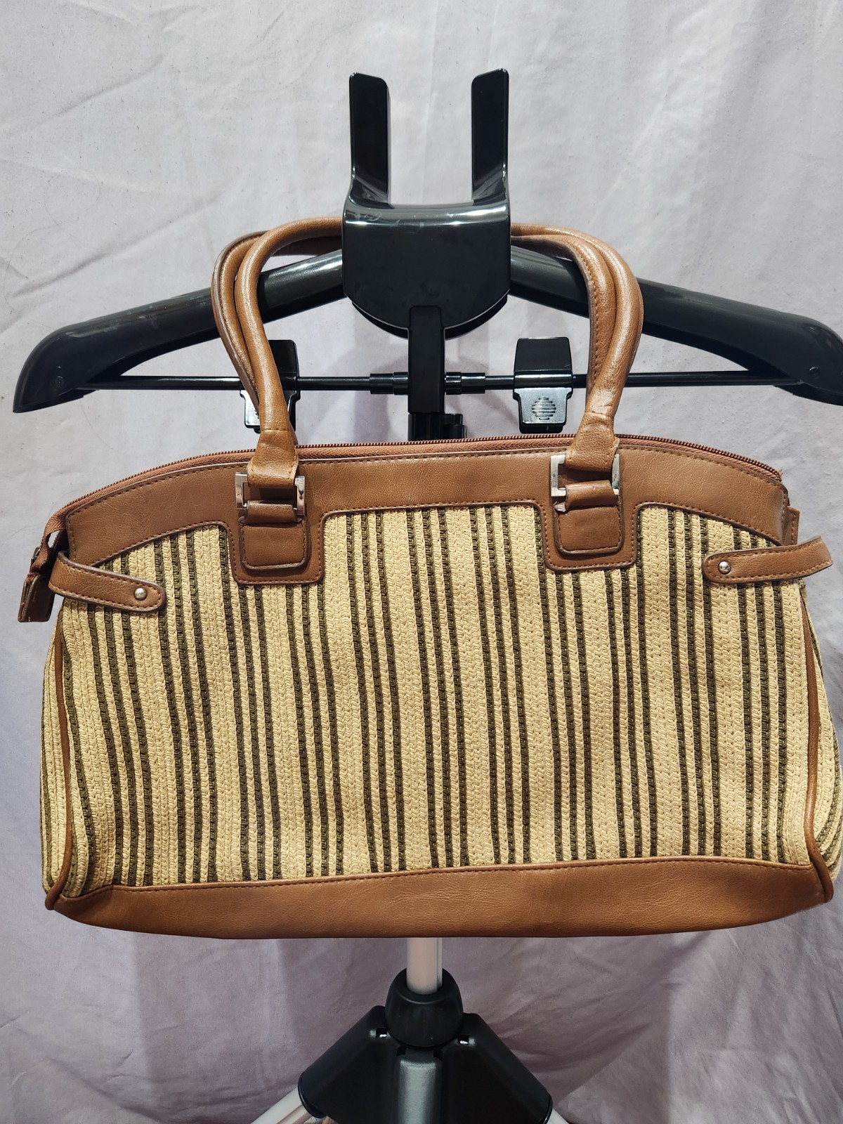 Liz & Co., Brown-Beige Stripe Top Handles Handbag 15in x 8.5in x 3in