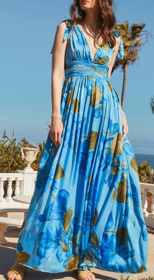 Sugarlips Neiva Blue Floral Descanso Pleated Maxi Dress 1X Flowy Romantic Garden