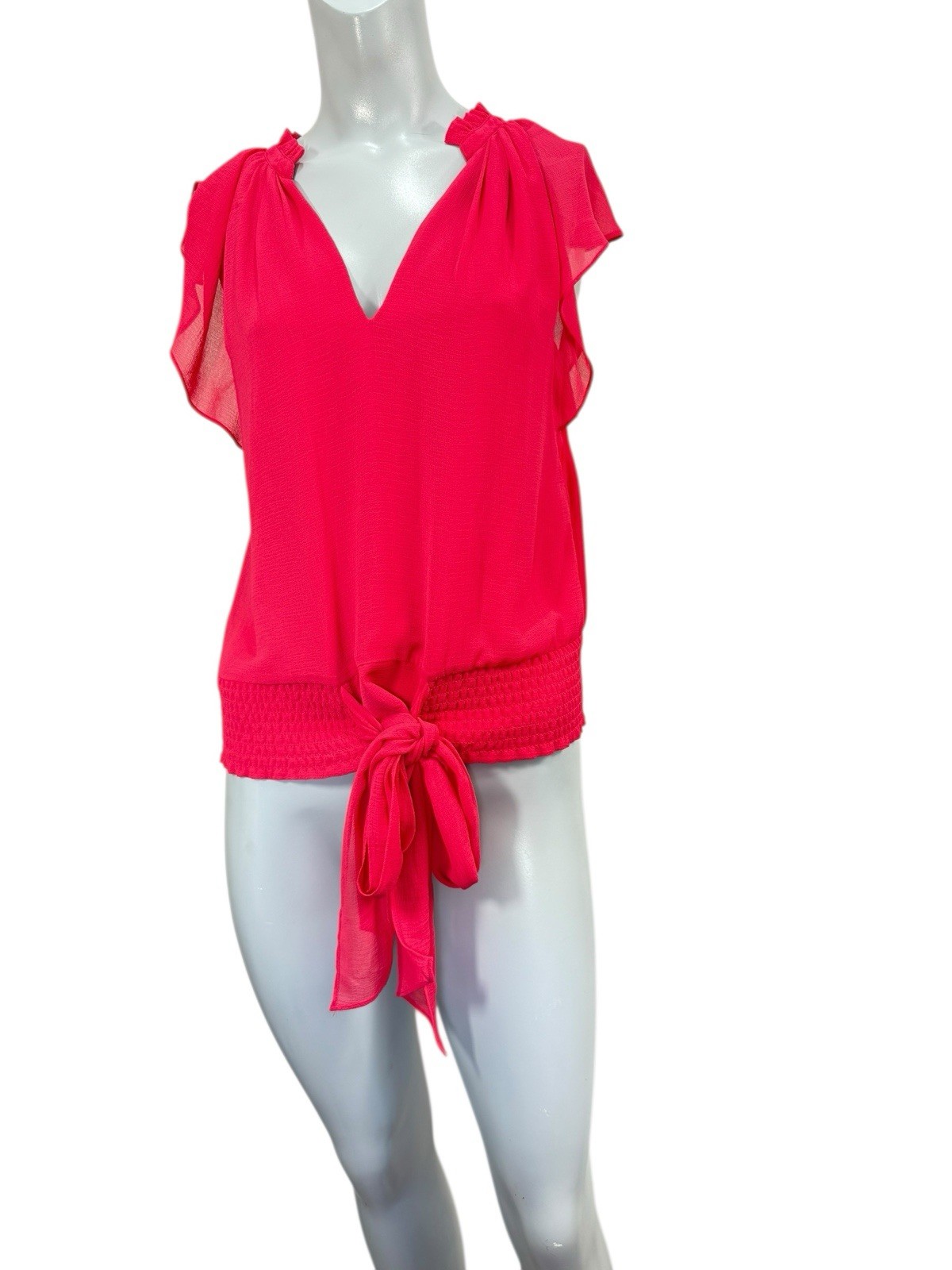 S Ramy Brook New York Red Meredith Blouse Short Flutter Sleeve V Neck Waist Tie