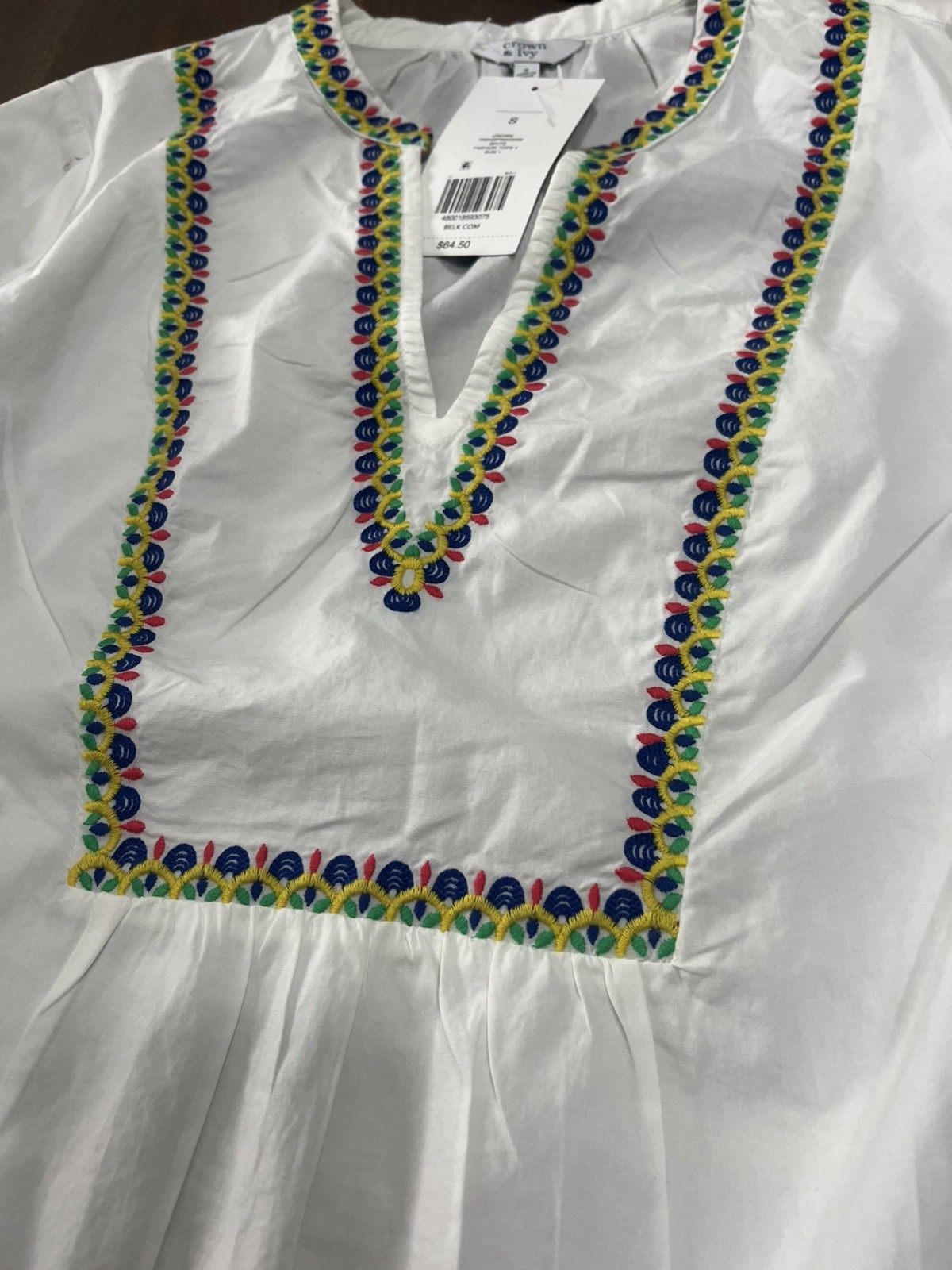 NWT Crown & Ivy Embroidered V-neck Tropical Floral Birds Tunic Top Small