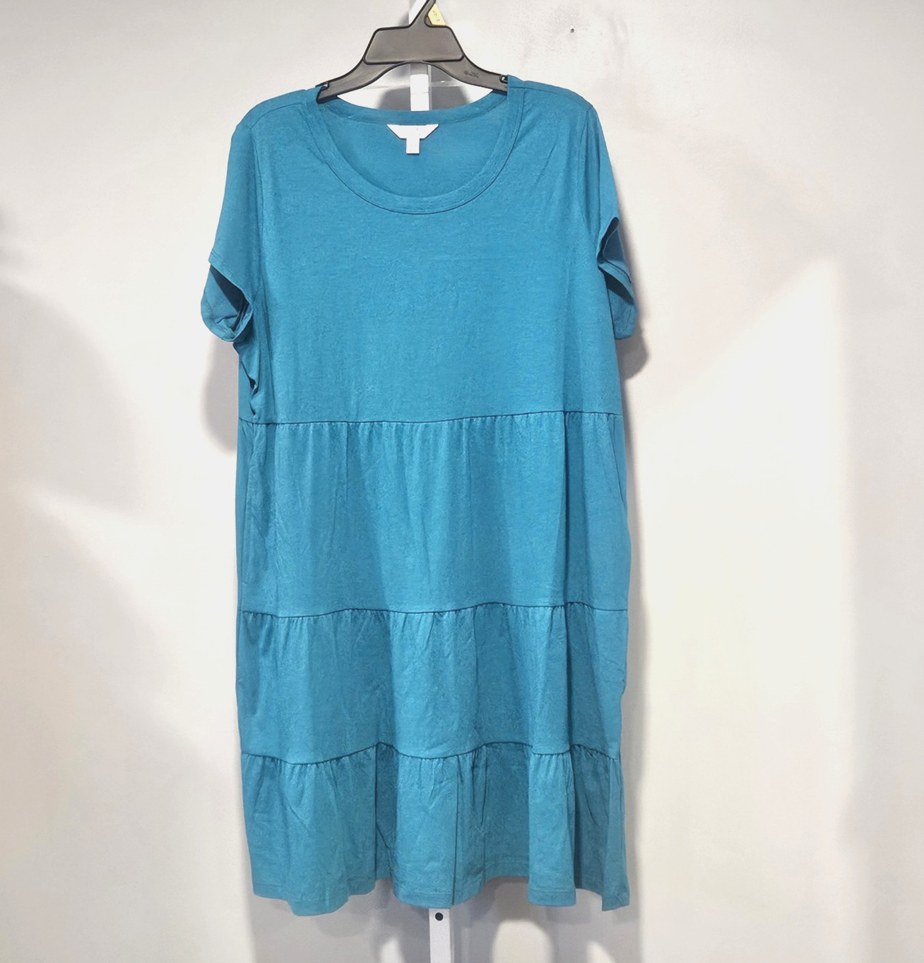 NWT Time and Tru Size XL Teal Tiered Knit Dress Pockets Round Neck Short Sleeves
