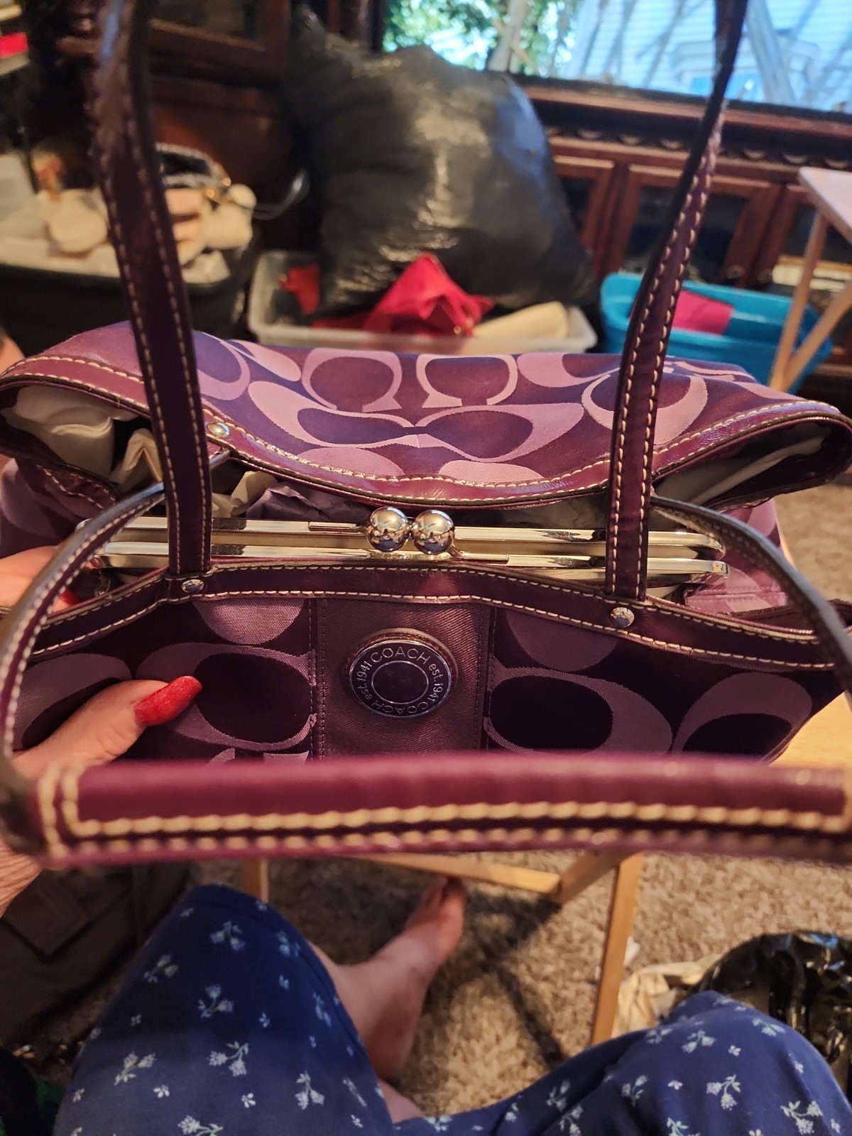 Coach Signature Jacquard Kisslock Tote Bag Purple 20105 Leather Trim