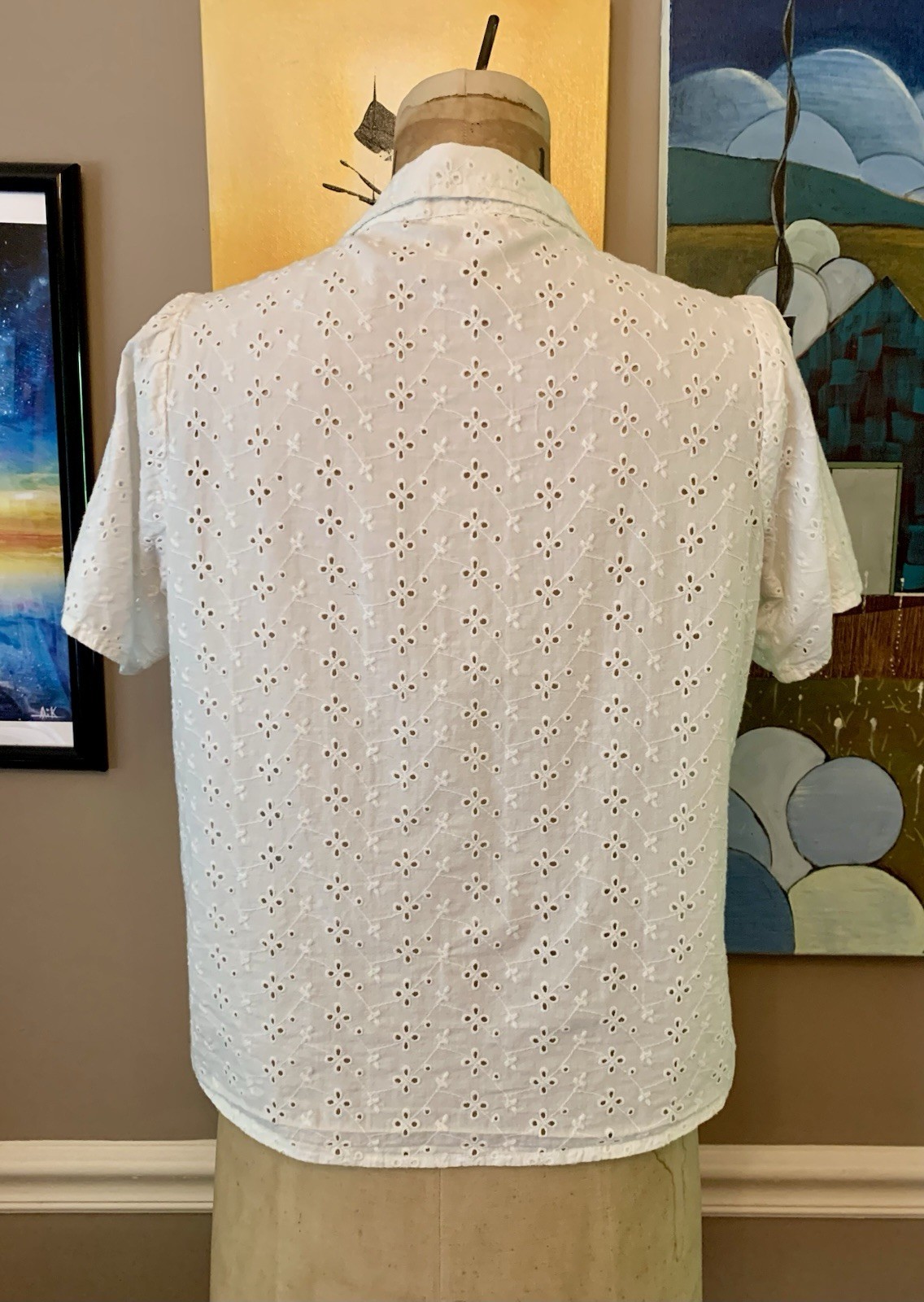 Maisie White Eyelet Lace Button Down Camp Shirt Blouse Size S