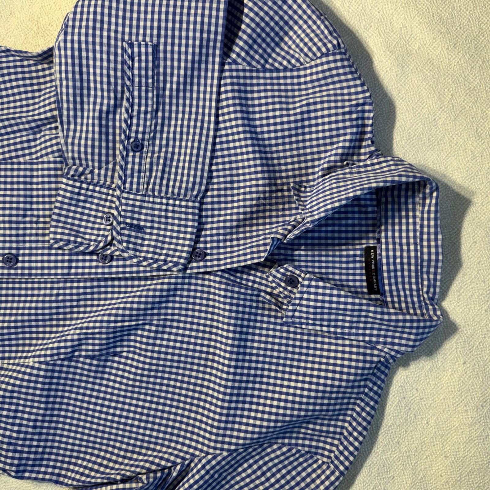 New York & Company Blue White Gingham 7th Avenue Stretch Shirt Womens Small S