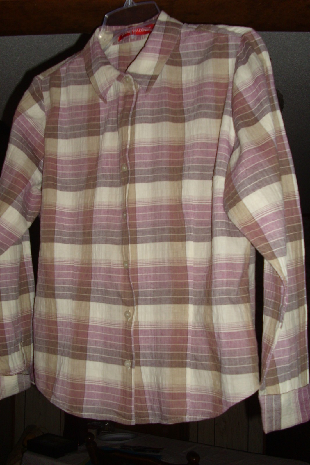 Gloria Vanderbilt-Women’s LS Blouse Sz S, Button-front,Cotton Blend, Mauve Plaid