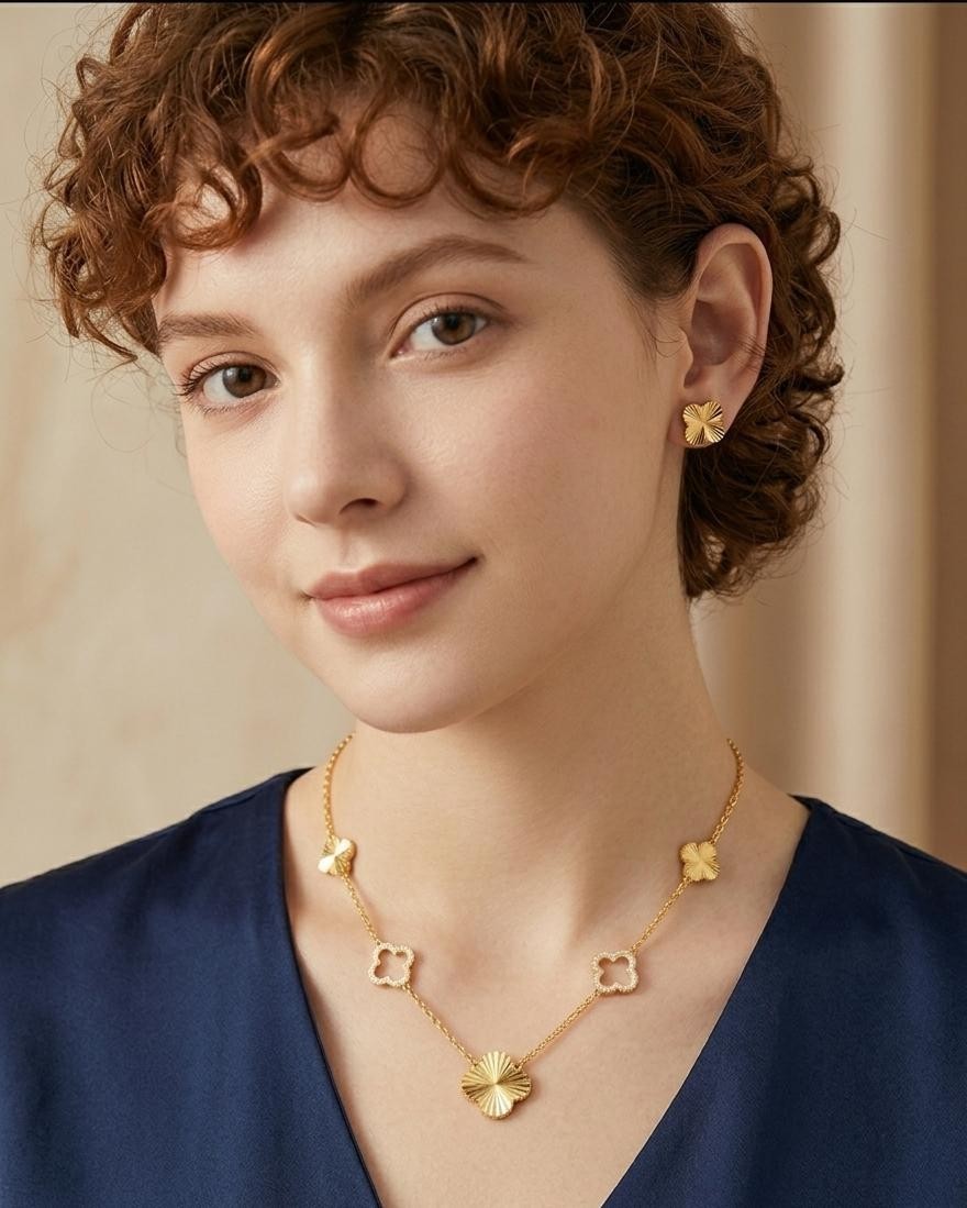 GOLD STAINLESS STEEL CLOVER JEWELRY SET NECKLACE BRACELET EARRINGS WOMEN FASHION