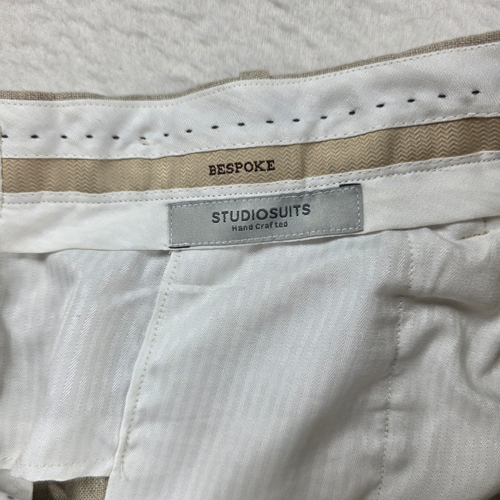 Bespoke StudioSuits Trousers Men 33×31 Beige Linen Handcrafted Flat Front