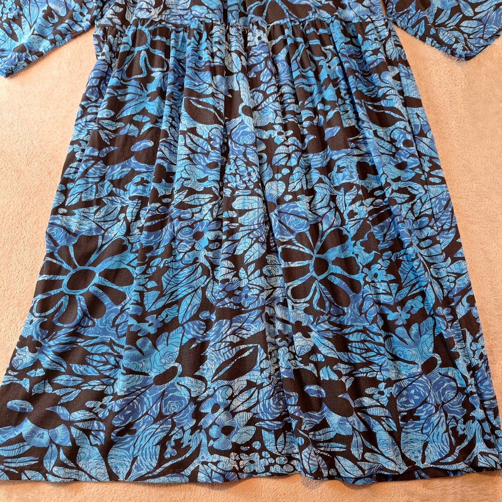 Ulla Popken Knit Dress Womens 24 26 Blue 3/4 Sleeve Floral Cotton Midi House