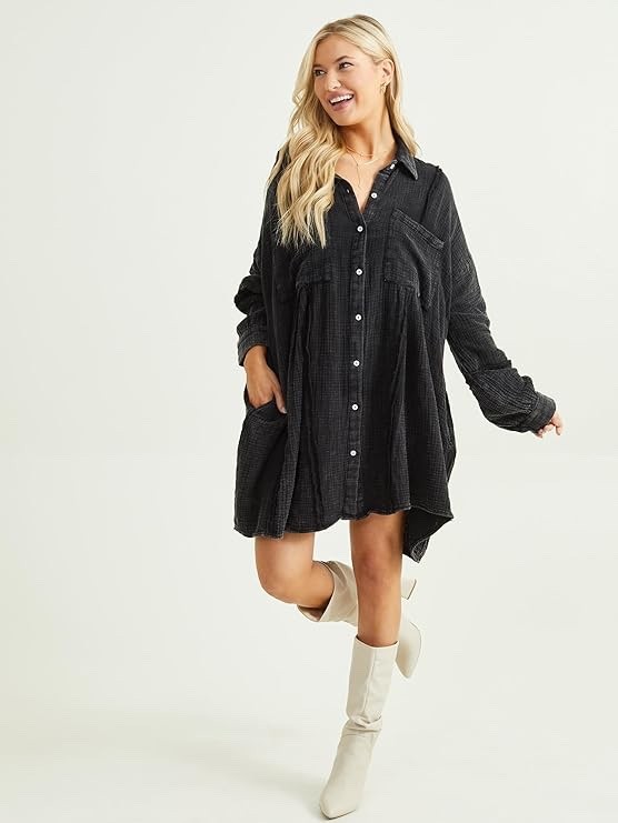 Altar’d State Women’s Oversized Black Shirt Dress Effortless Chic Versatile