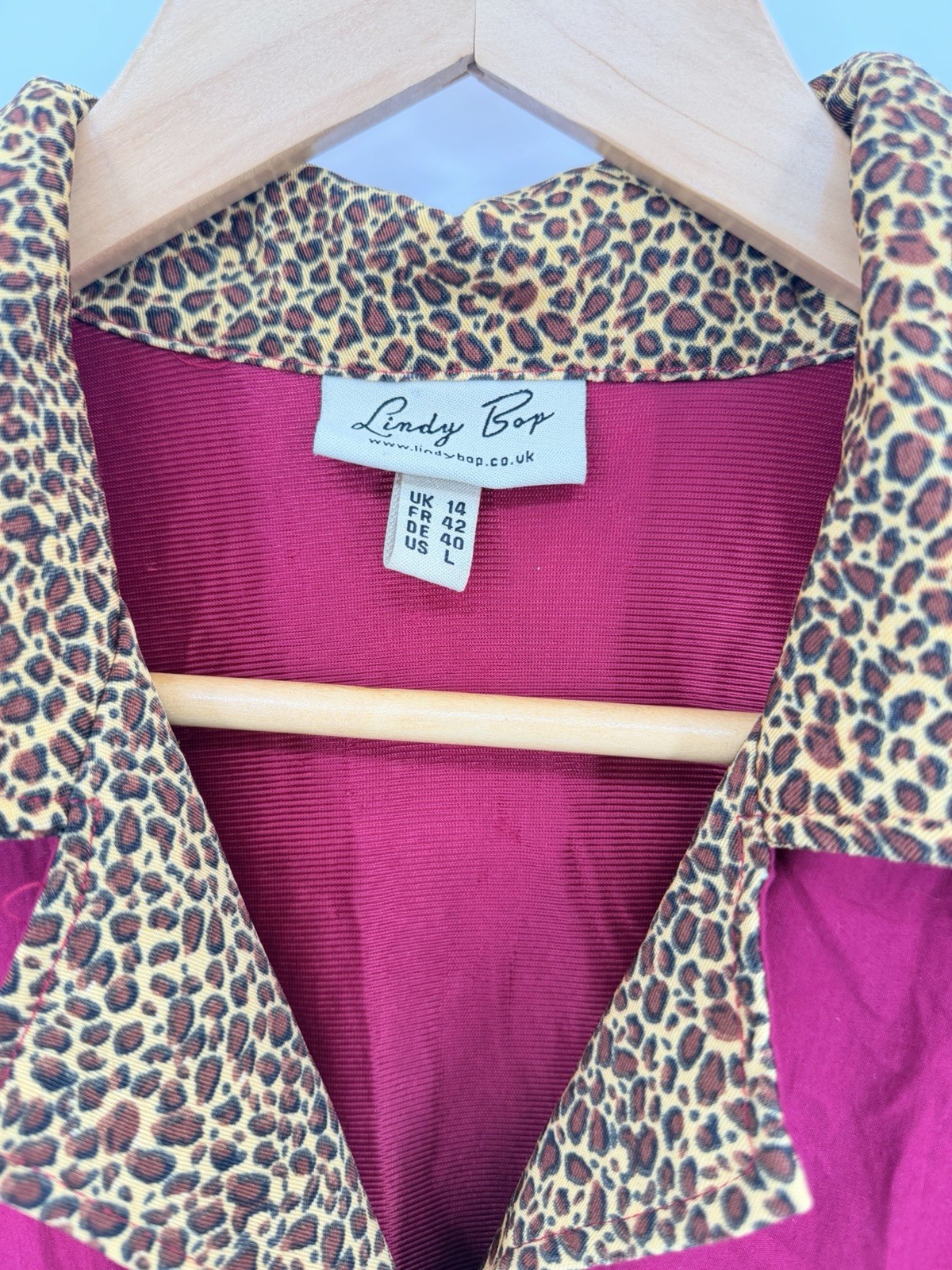 Lindy Bop Sz L Red Swing Dress Leopard Accents Cap Sleeve Retro 50s Rockabilly