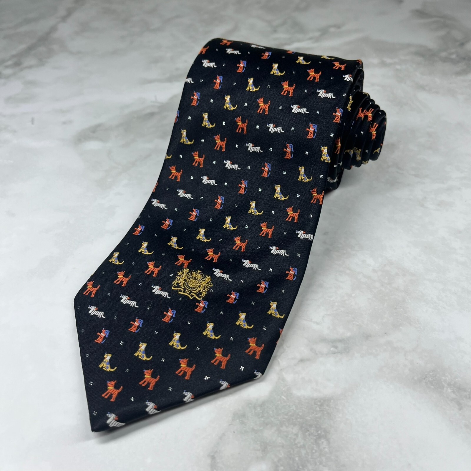Elegance Paris Silk Men’s Necktie Geometric All Over Dog Print Crest Black
