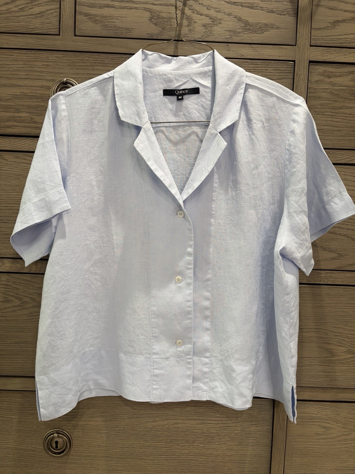 NWOT Quince Pale Blue Linen-Blend Short Sleeve Button Up Shirt, Women’s Medium