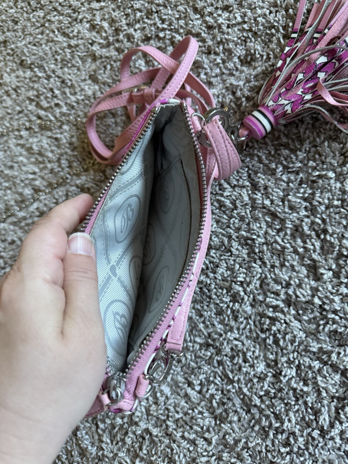 Pink White Purple Heart Patchwork Crossbody Bag Zip Tassel Detachable Strap