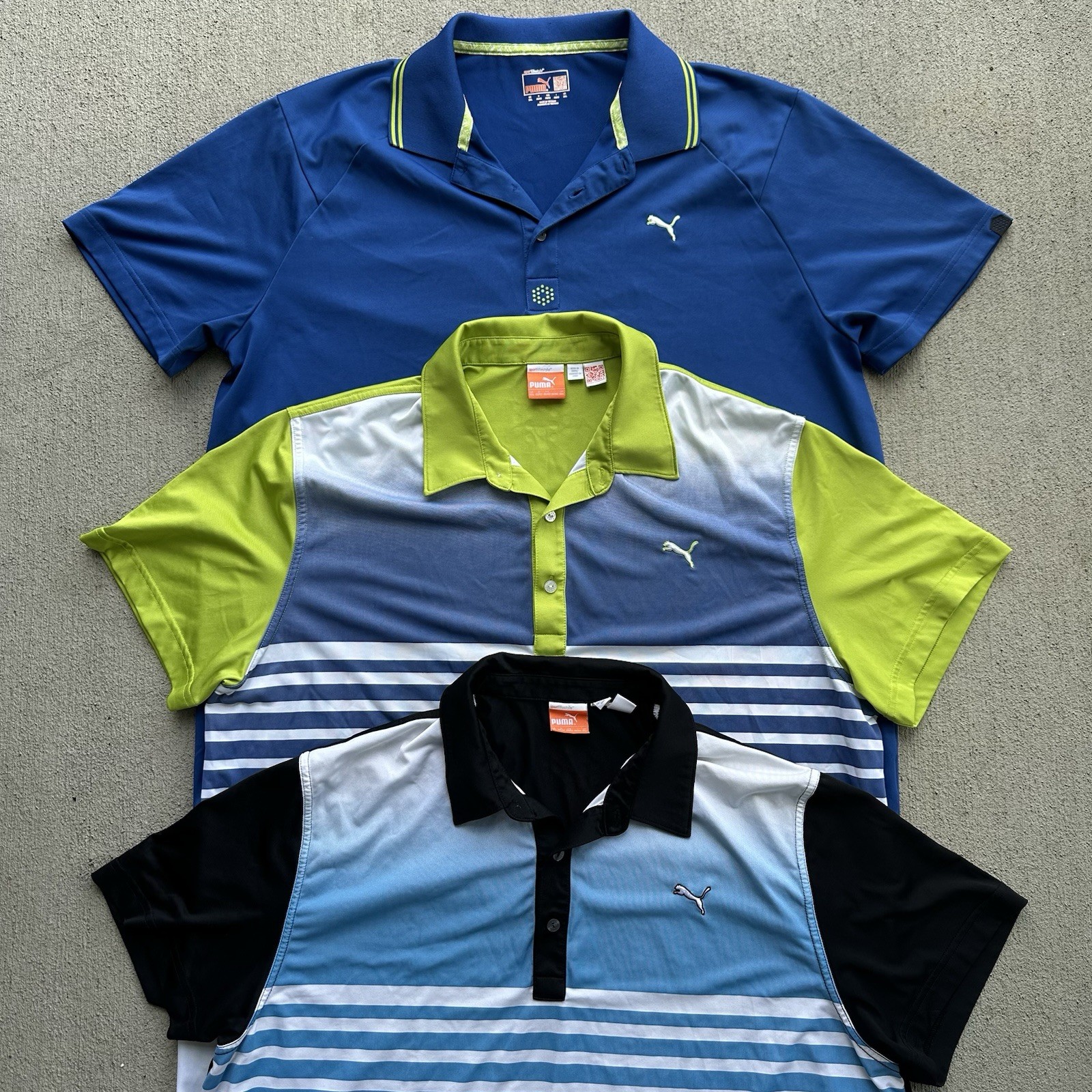 Lot of 3 – Puma Golf Men’s Size 2XL Polo Shirts Blue Volt Green Cobra Cell