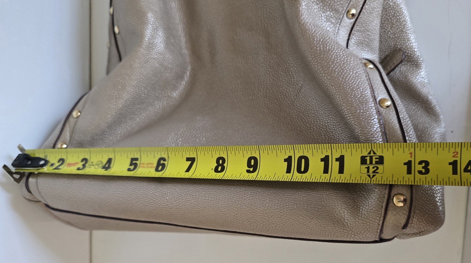 Coach Phoebe Champagne Metallic Pebbled Leather Hobo Shoulder Bag Studded