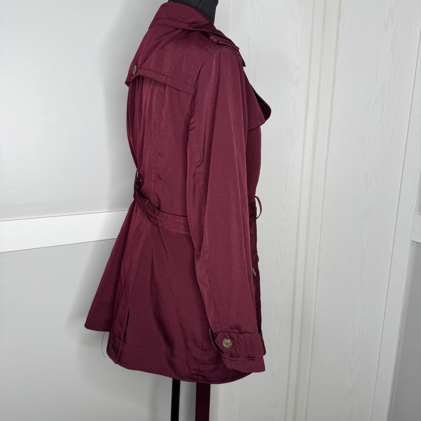 Worthington Trench Coat Women Petite Large Burgundy Belted Double Breasted 2505