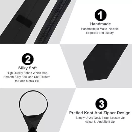 2Pcs Men’s Adjustable Black PreTied Necktie Office Zipper Neck Tie Clip On Tie