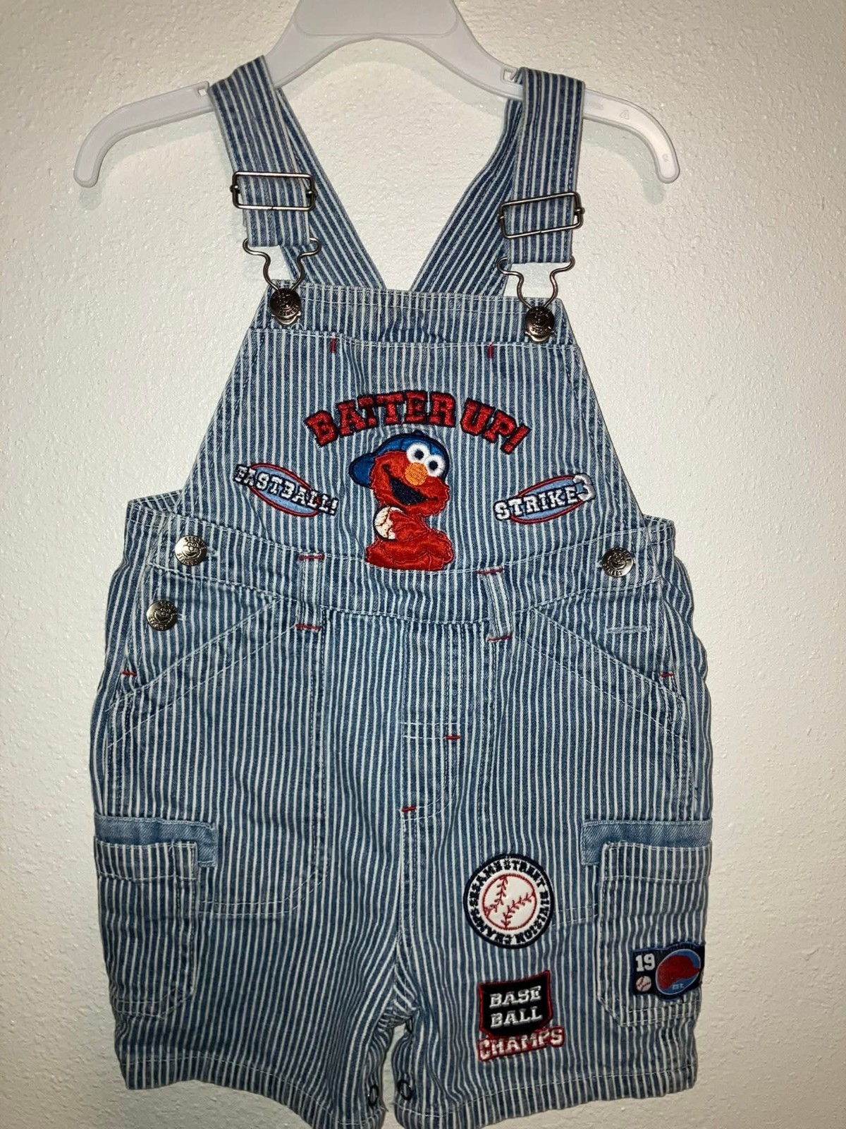 Vintage Y2K Rare Seasame Street ELMO Baseball Striped Overall Shorts 24 Months
