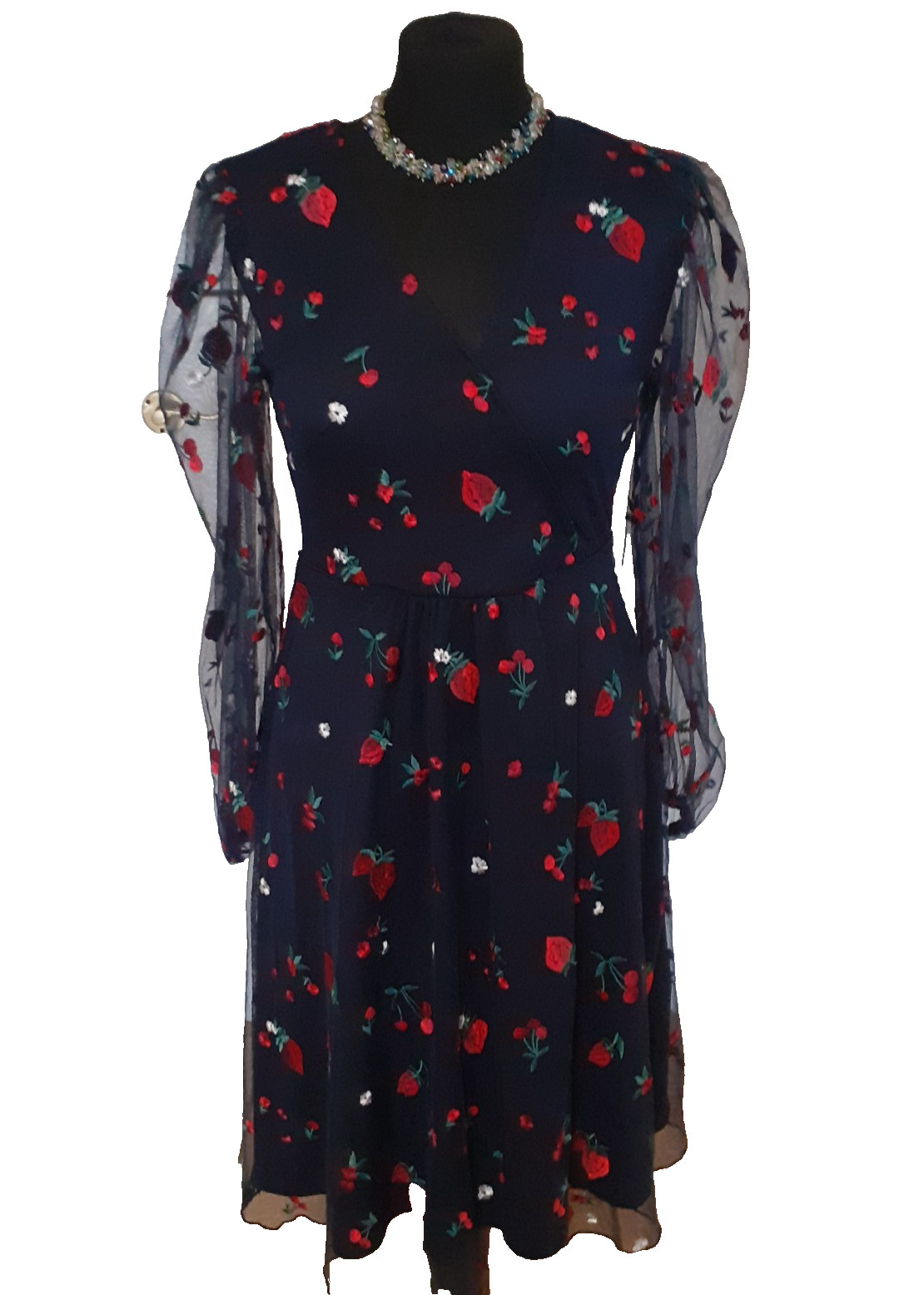 monsoon ladies dress size 10 navy with red, white and green pattern